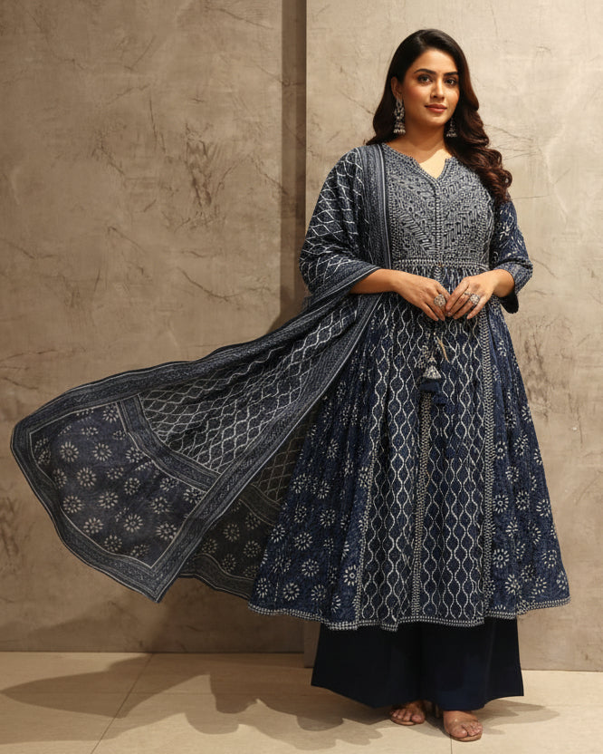 Navy Blue Cotton Anarkali Block Print Kurtha 41