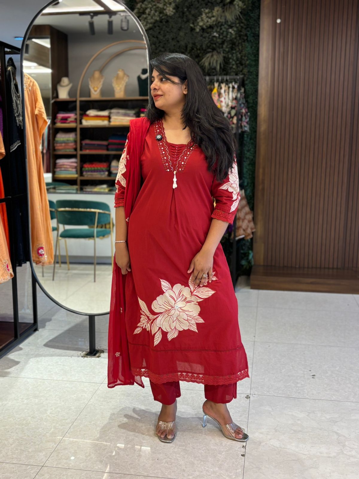 Red Cotton Hand Embroidery Straight Fit Kurtha 597