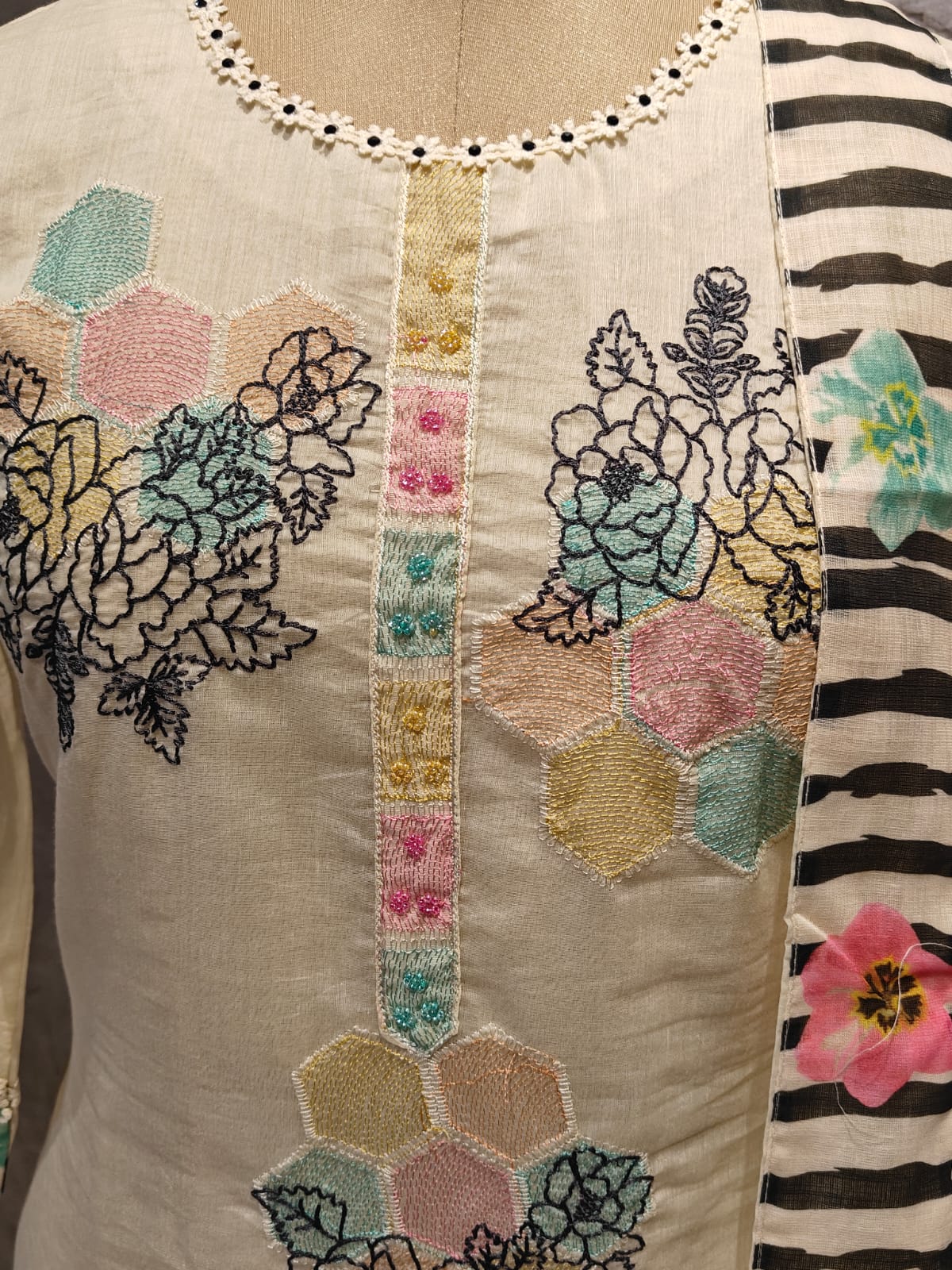 Cream Mul Chanderi Thread Embroidery A Line Kurtha 63