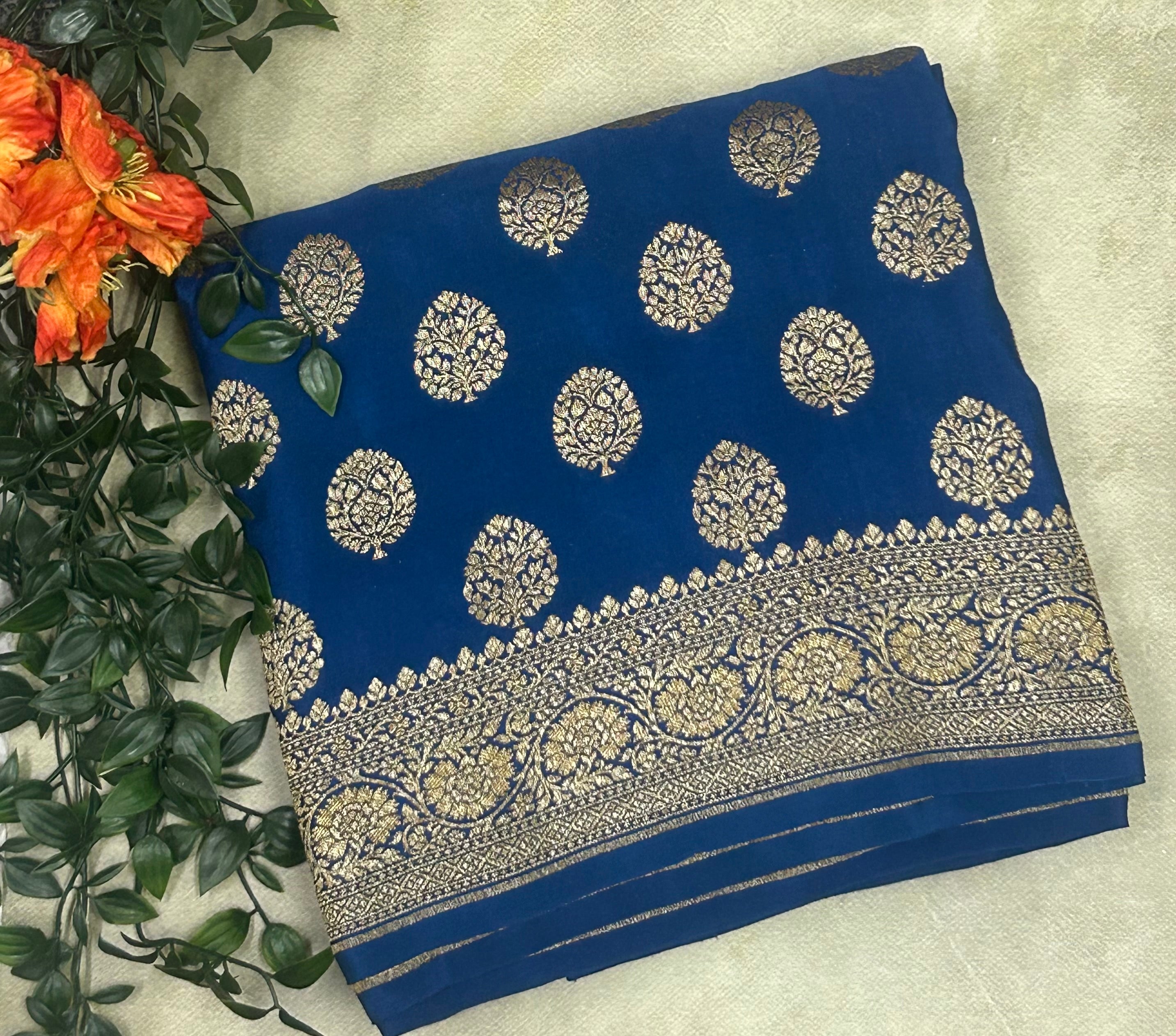 Peacock blue small n big butta pure benarasi crepe 103 saree