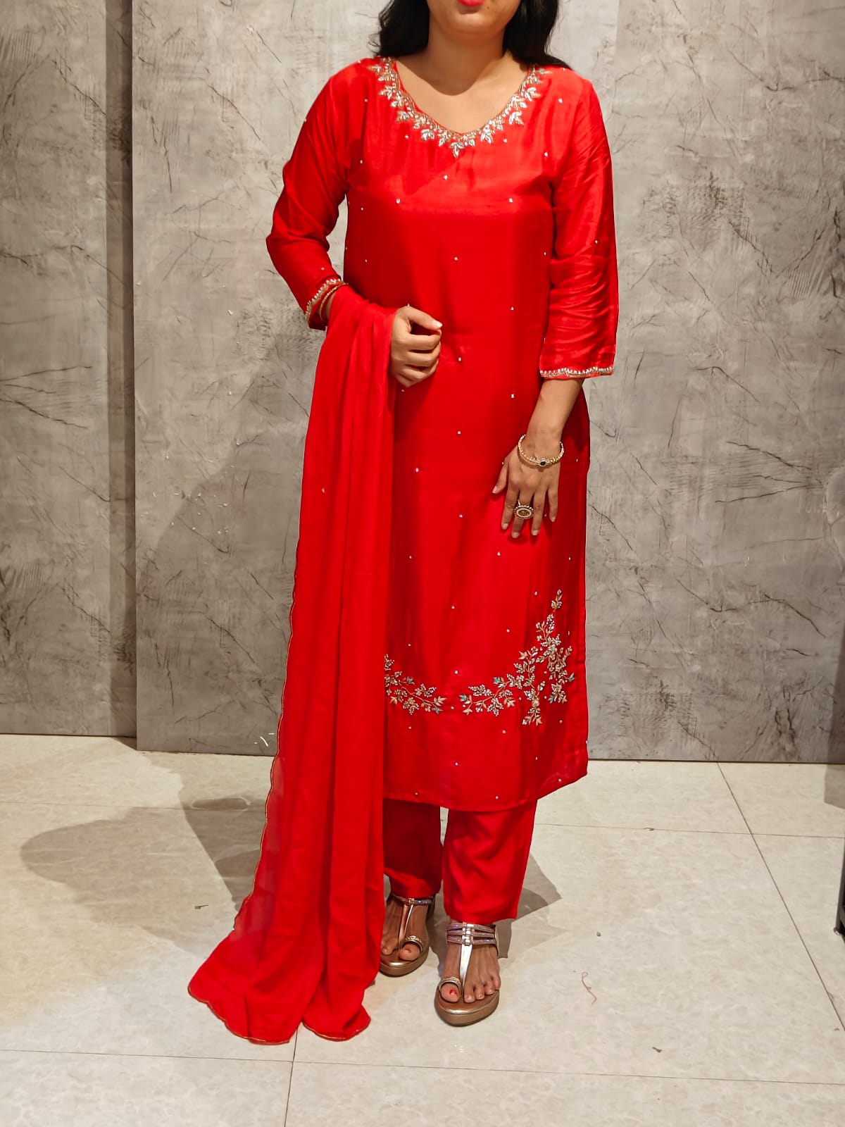 Red Dola Silk Hand Embroidery Straight Fit Kurtha 022