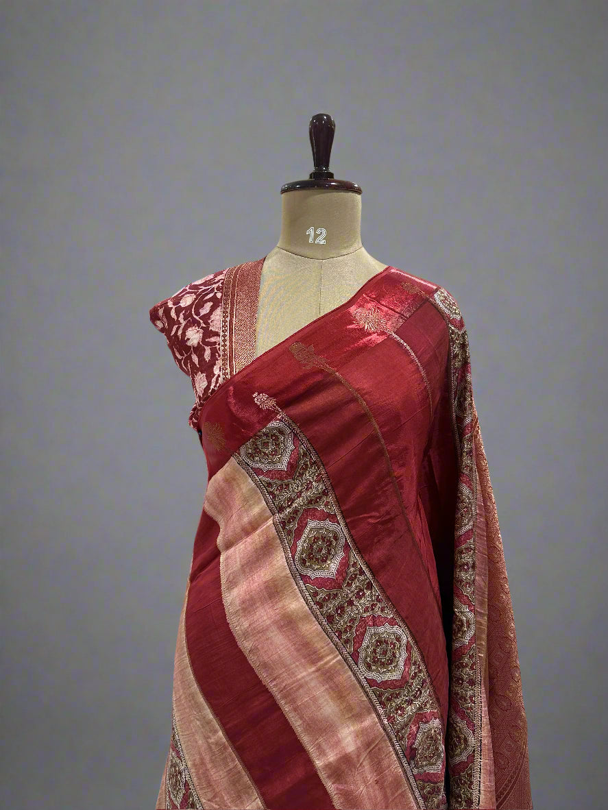 Maroon Elegant Dola Silk Fabric with Satin Border & Striped Design – Premium Ethnic Wear Material
