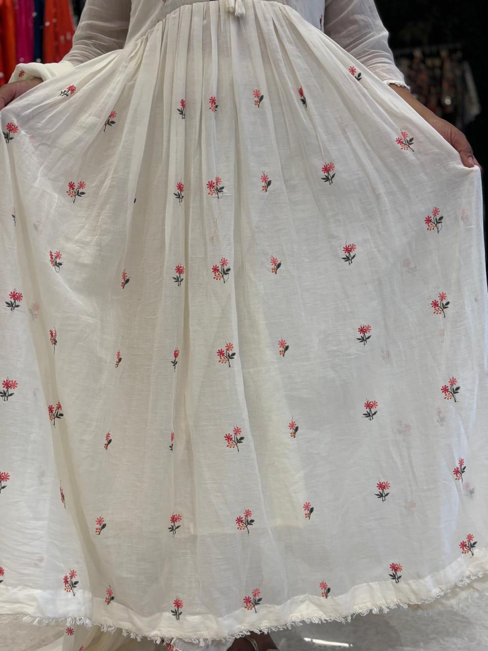 White Cotton Tread Embroidery Airline Kurtha