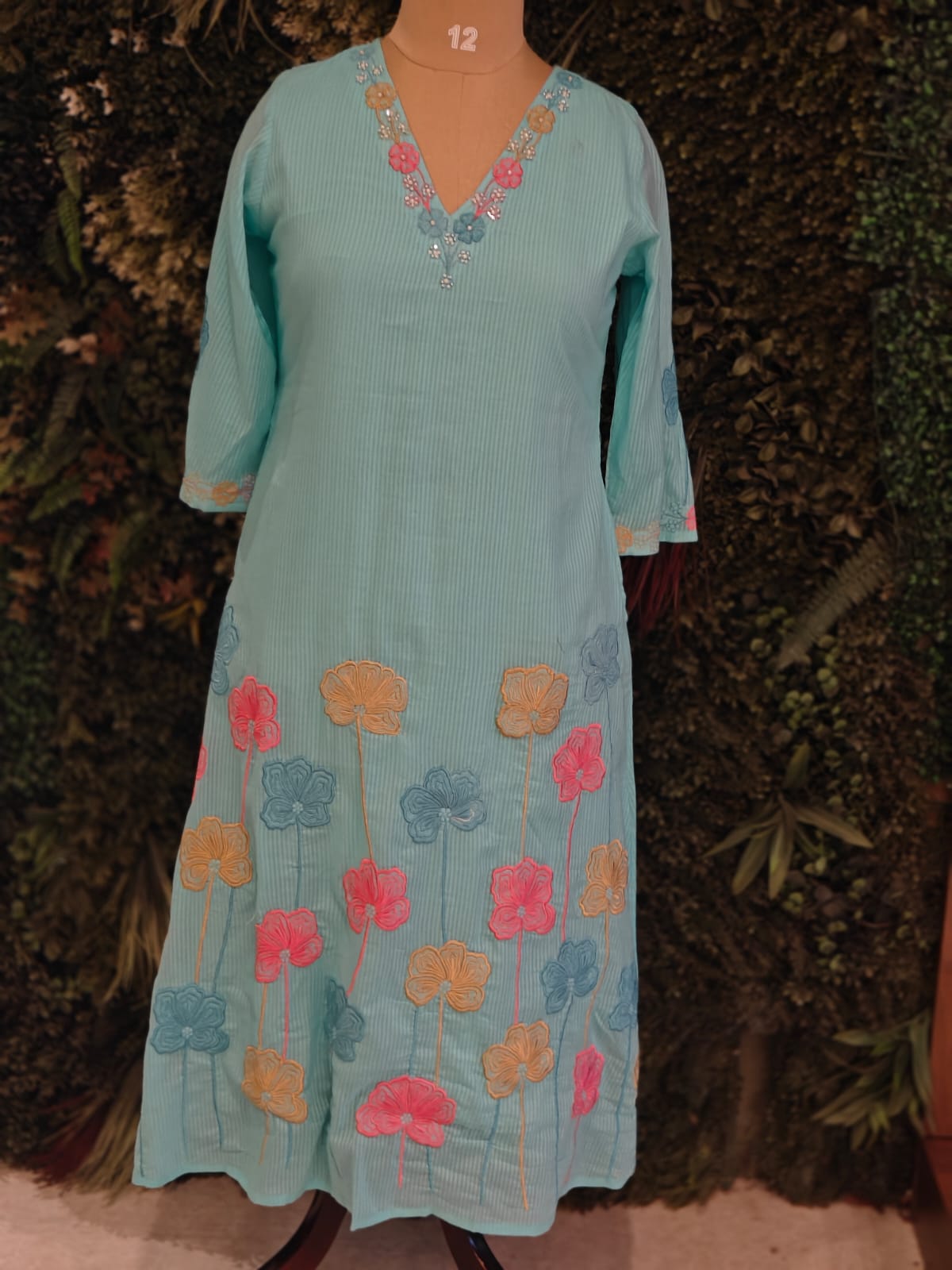 Blue Mul Cotton Hand Embroidery Airline Kurtha 203