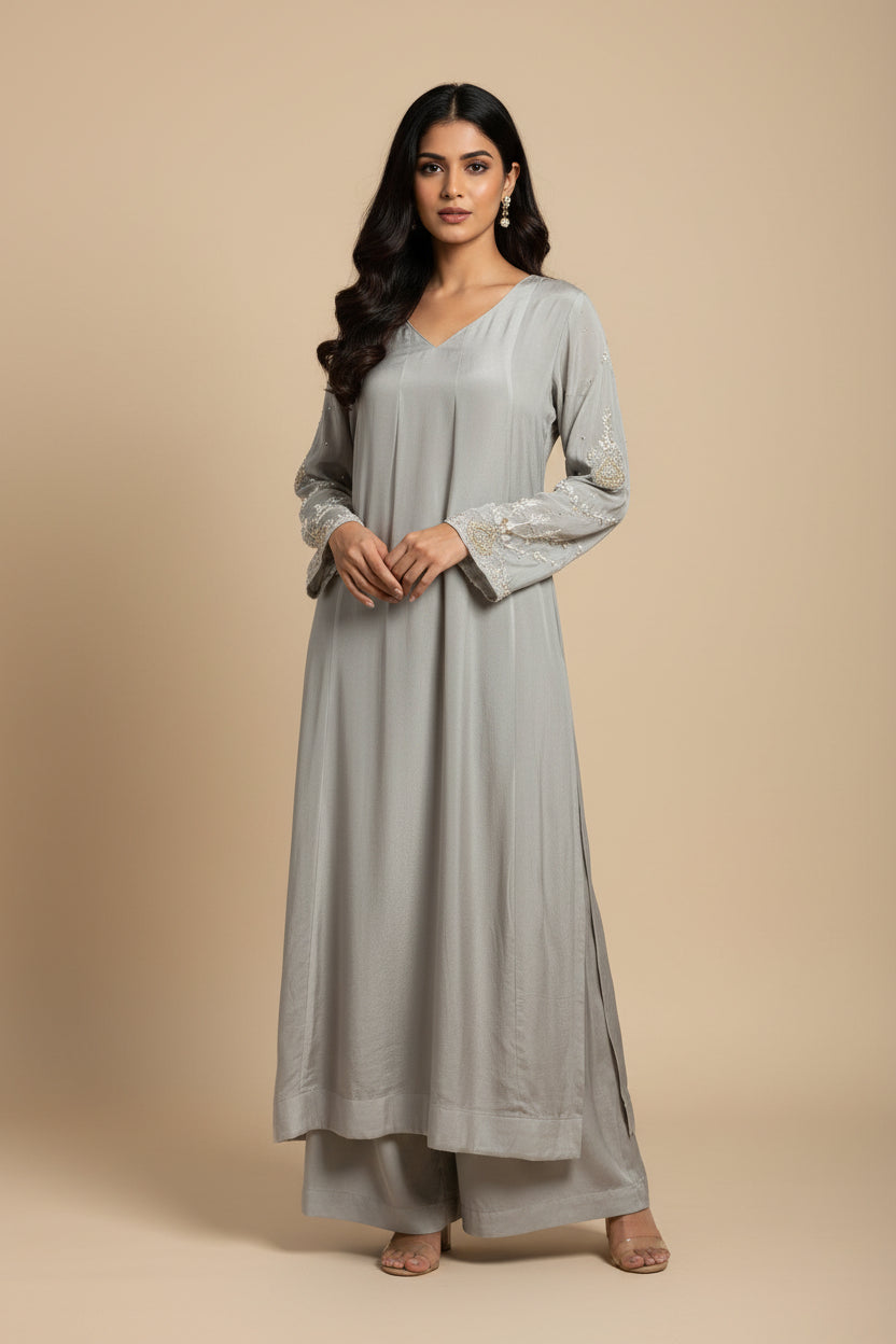 Gray Chanderi Silk Airline Handwork Kurtha