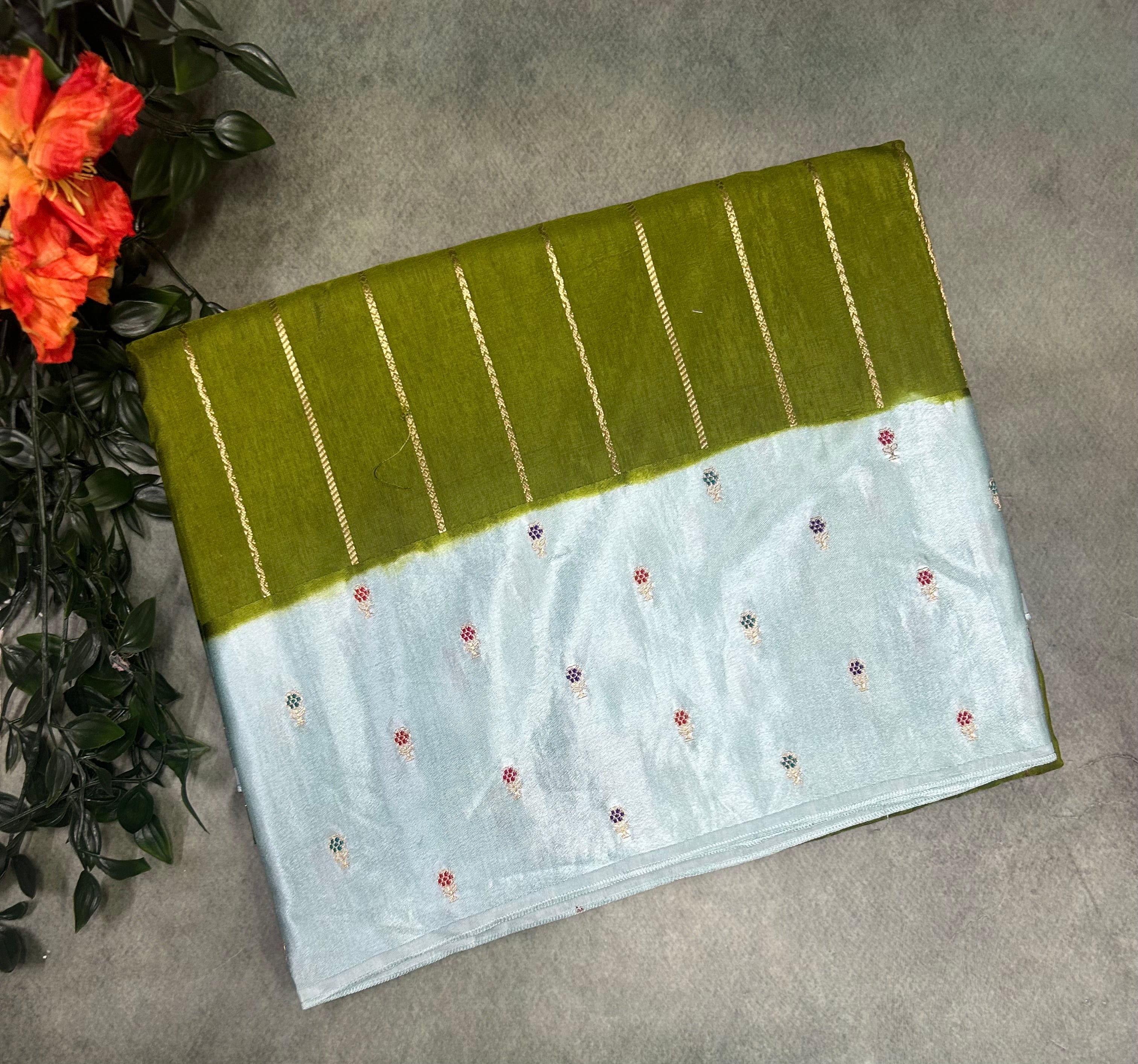 Leaf green contrast satin border semi Mysore crepe 105 saree