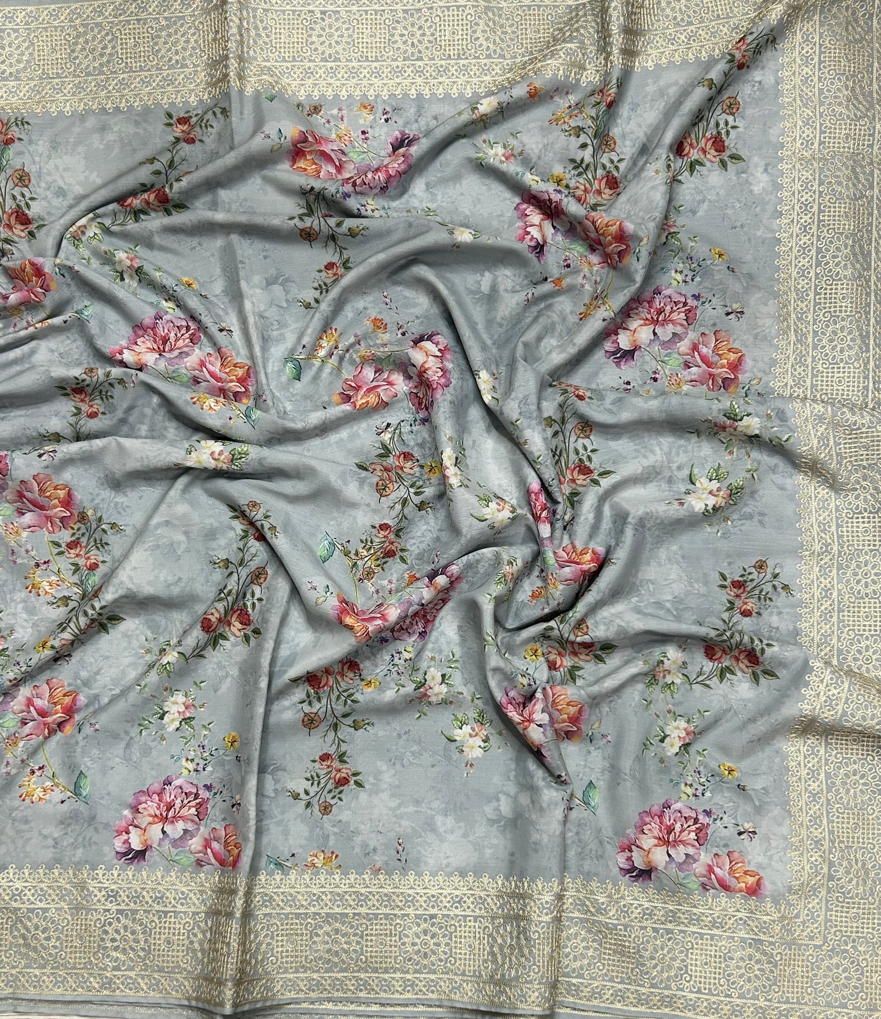 Light grey digital printed border 104 chinnon saree