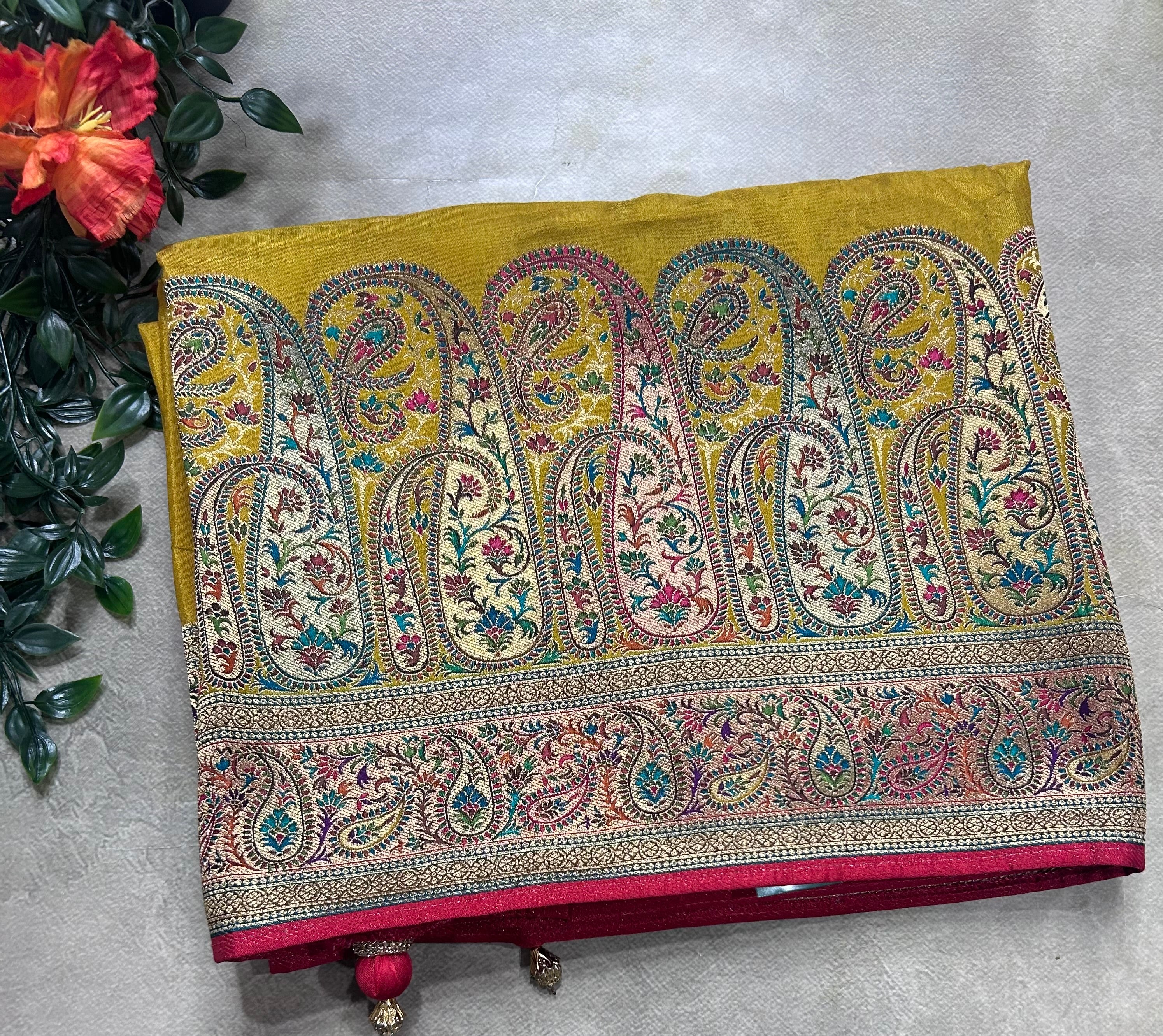 Mustard yellow pashmina satin silk crepe 106 saree