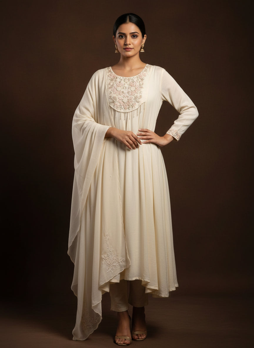 White Anarkali Chinnon Handwork Kurtha