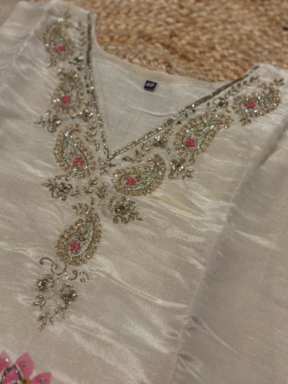 "Chandini" Cream 115 Pure Tissue shimmer Kurtha with Floral Digital Print Zardozi Handwork