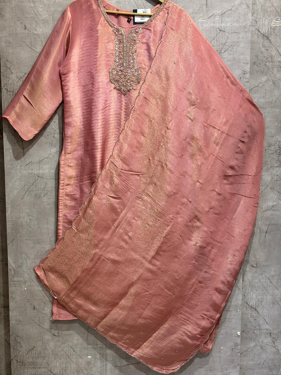 “Chandini" Baby Pink tissue Shimmer silk Kurtha suit with work hand embroider
