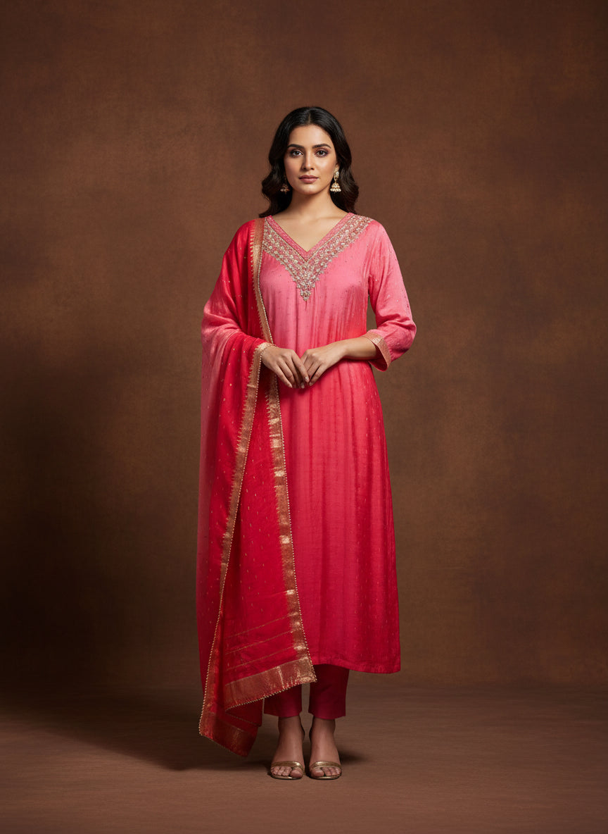 Pink Silk Hand Embroidery Straight Fit Kurtha