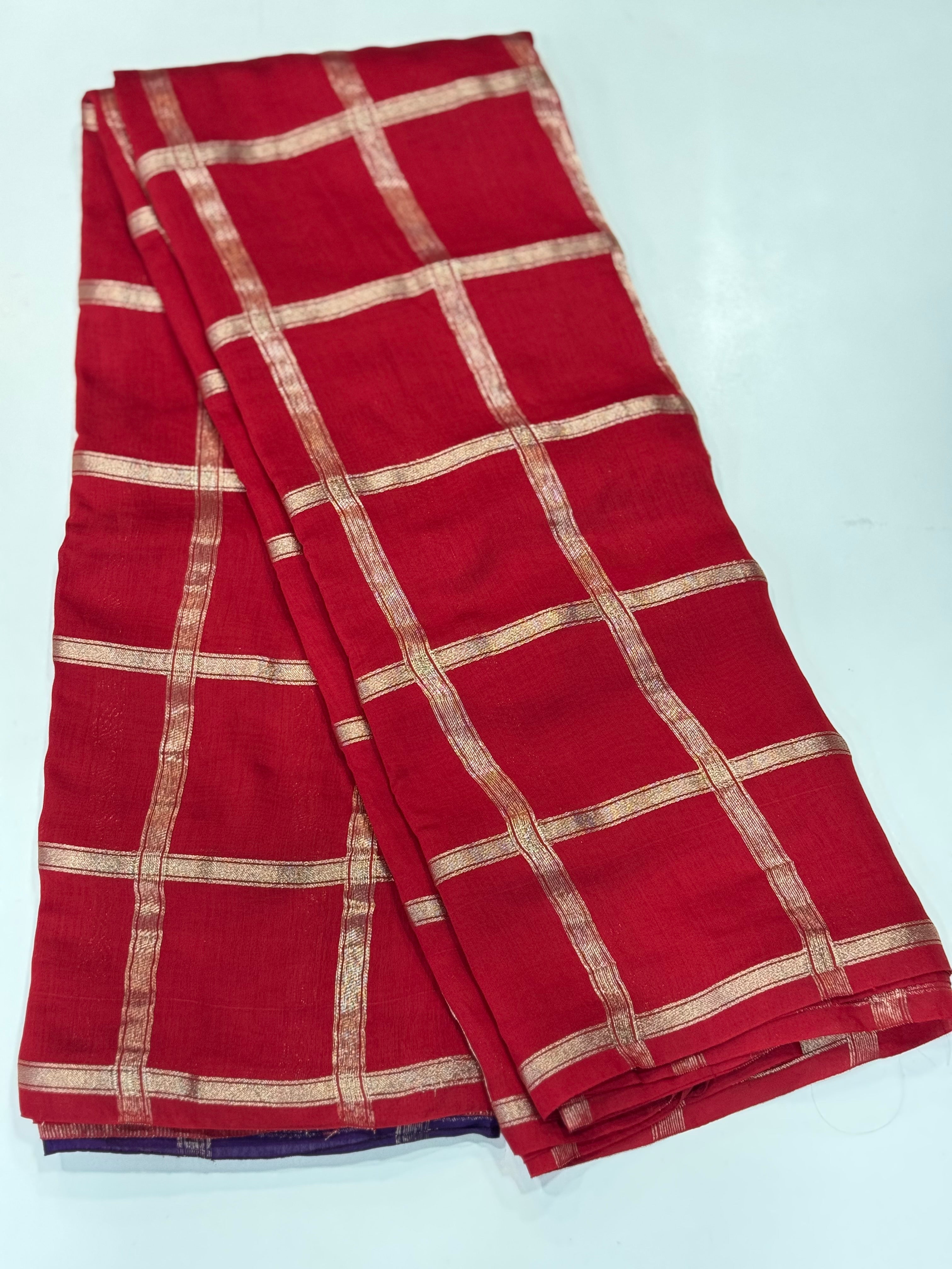 Red soft tussar crepe checks  saree
