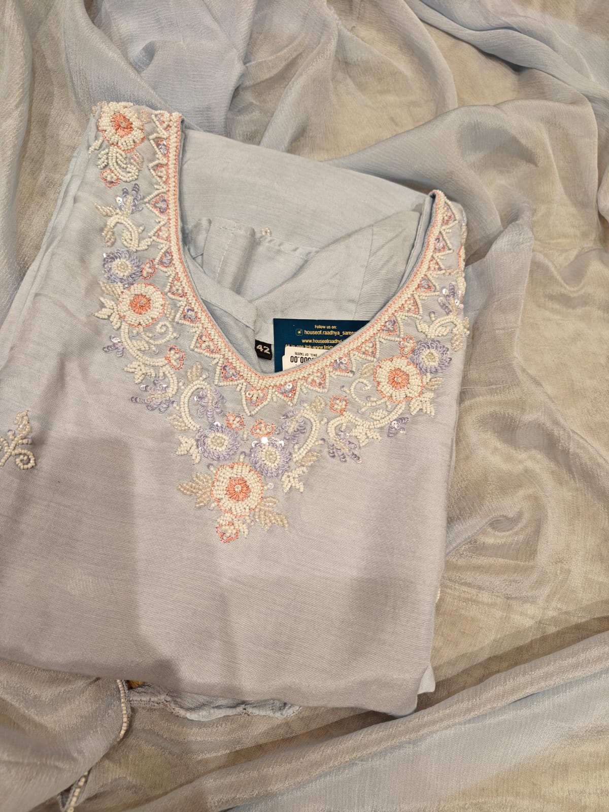 Sky blue Dola silk Pastel Kurtha with Pearl handwork embroidery work 511