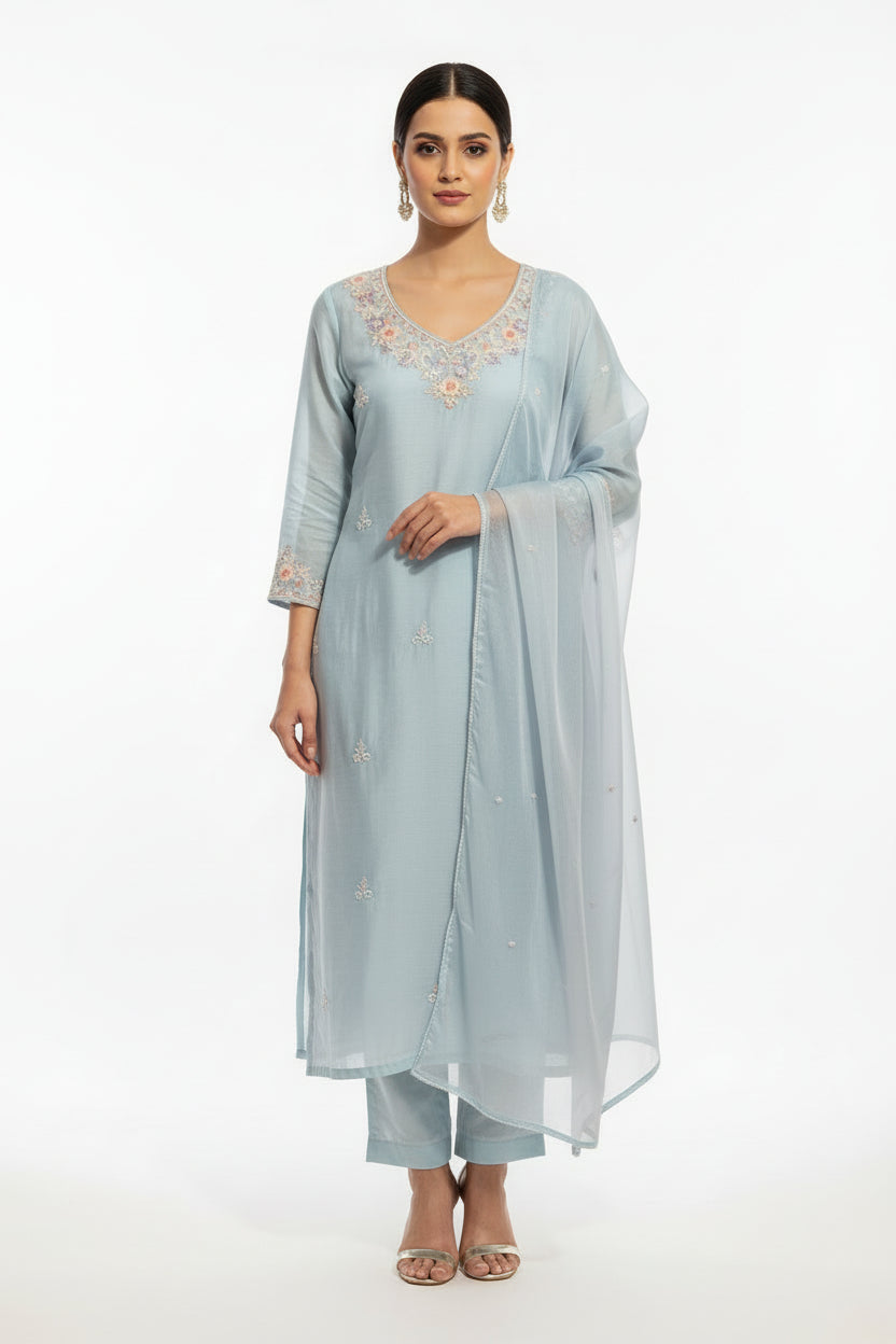 Sky blue Dola silk Pastel Kurtha with Pearl handwork embroidery work 511