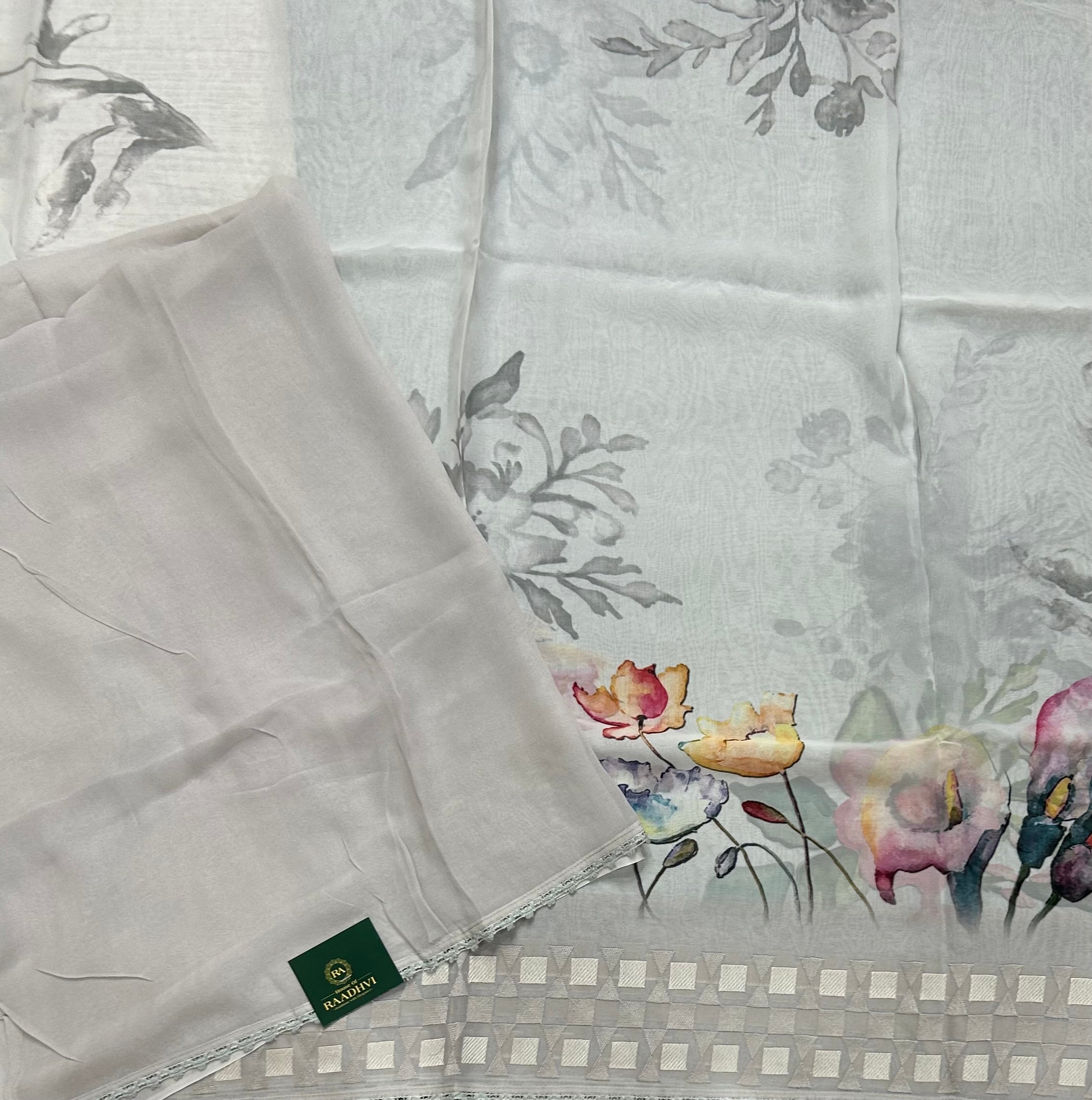 Cream digital printed border 104 chinnon saree