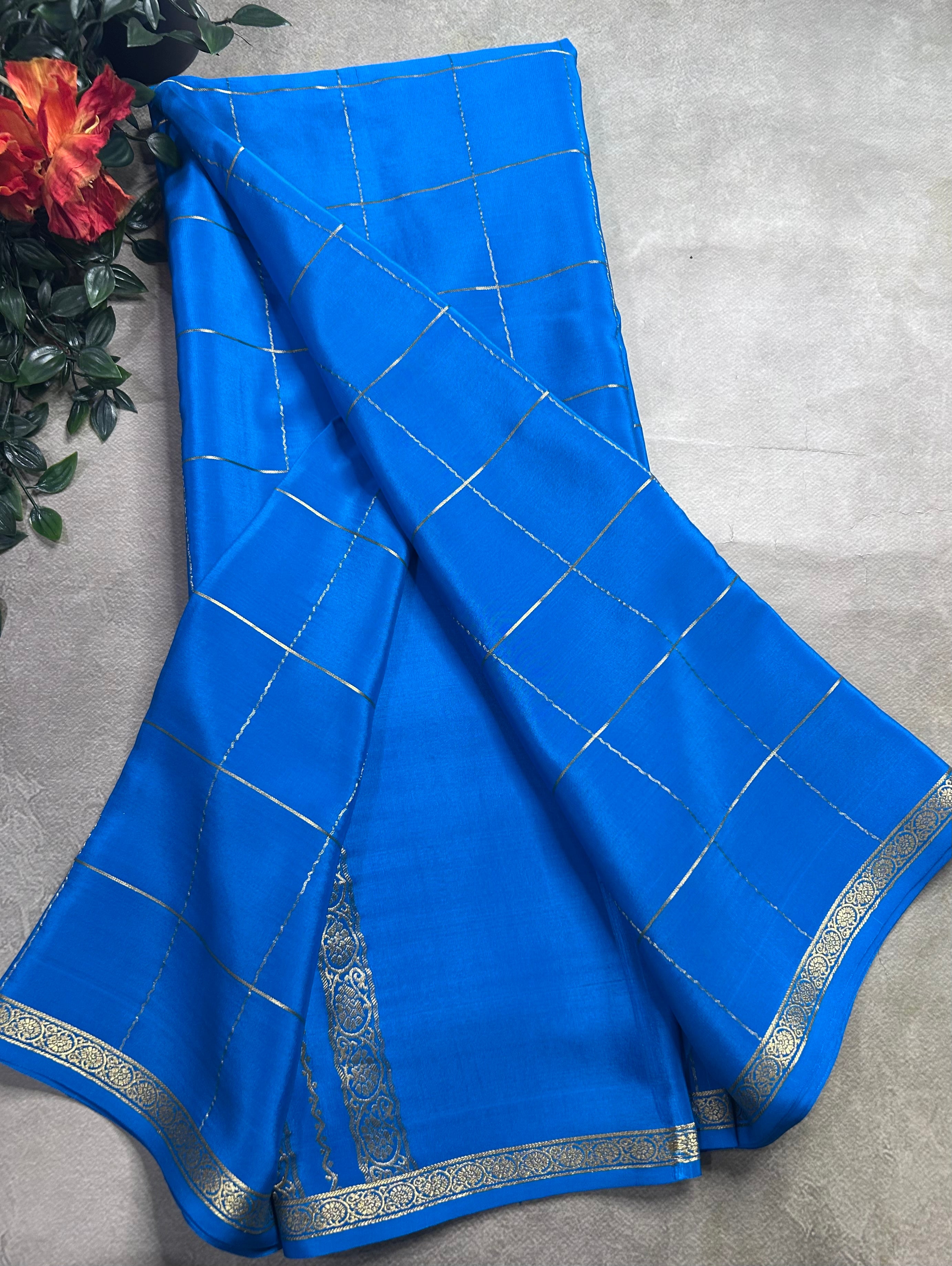 Blue big checks pure Mysore silk 106 saree