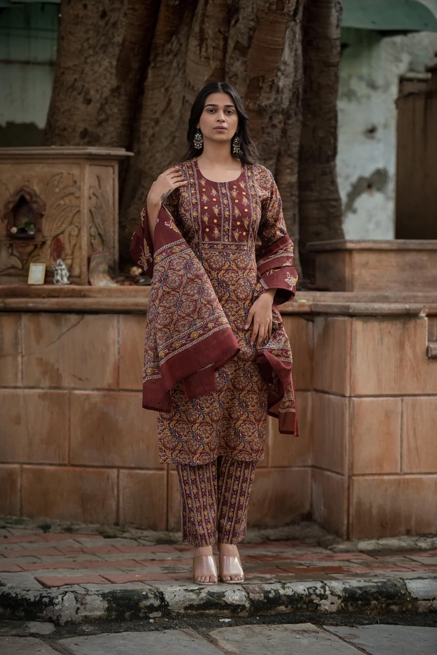 Brown Cotton Kalamkari straight fit  Kurtha