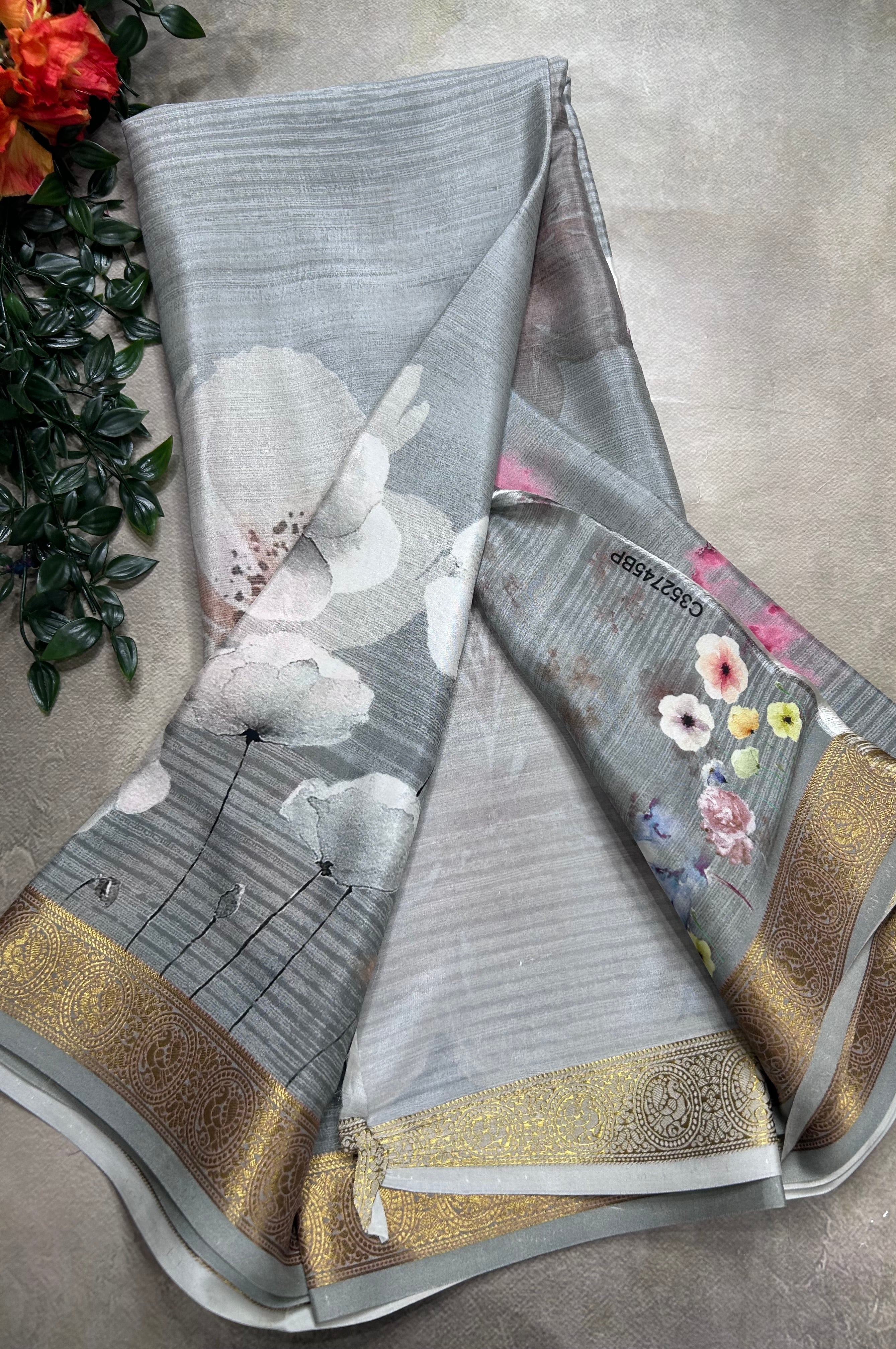 Grey digital print pure mysore silk saree(DMS106)