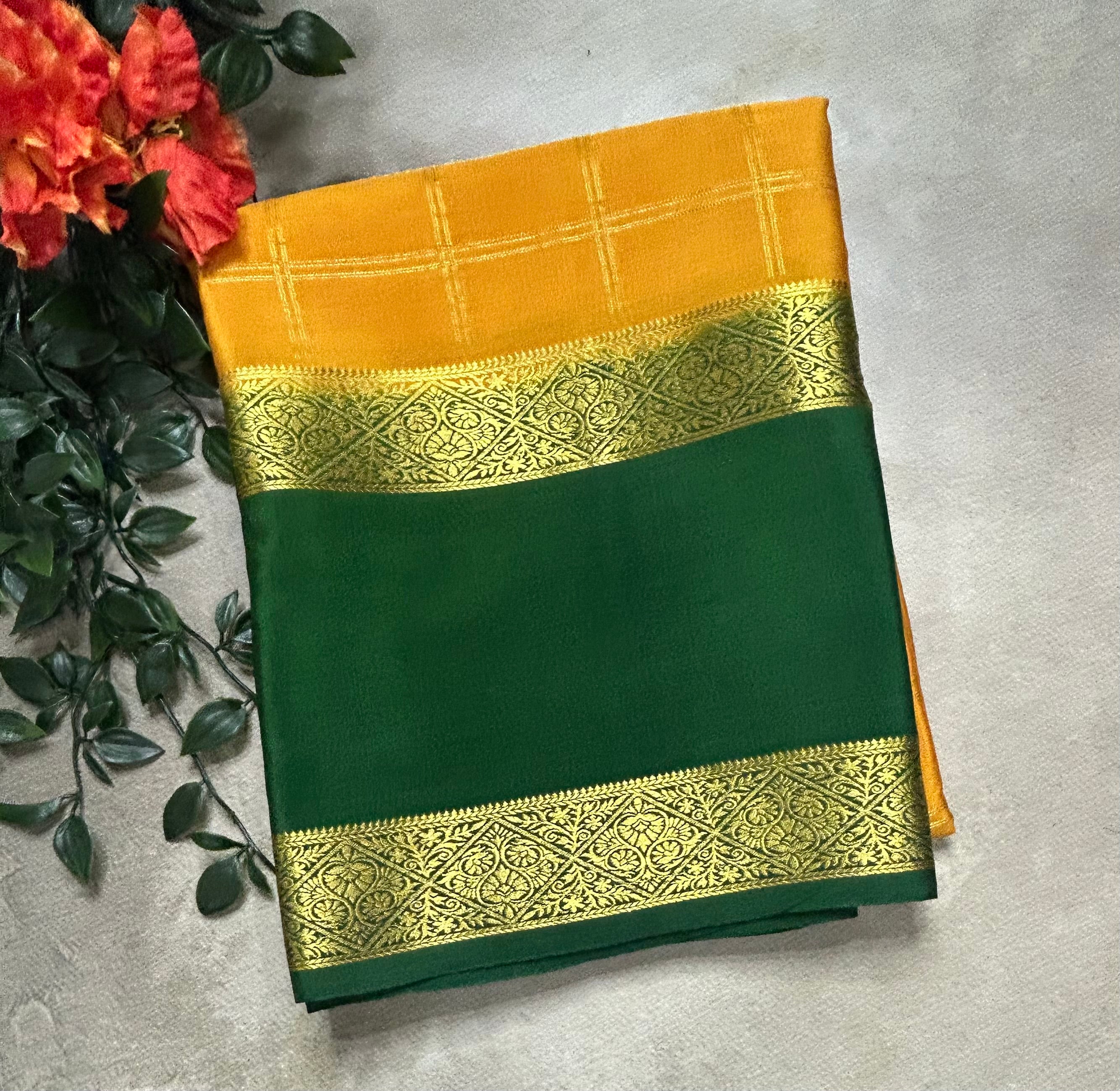 Yellow checks n Bentex border pure Mysore silk 105 saree