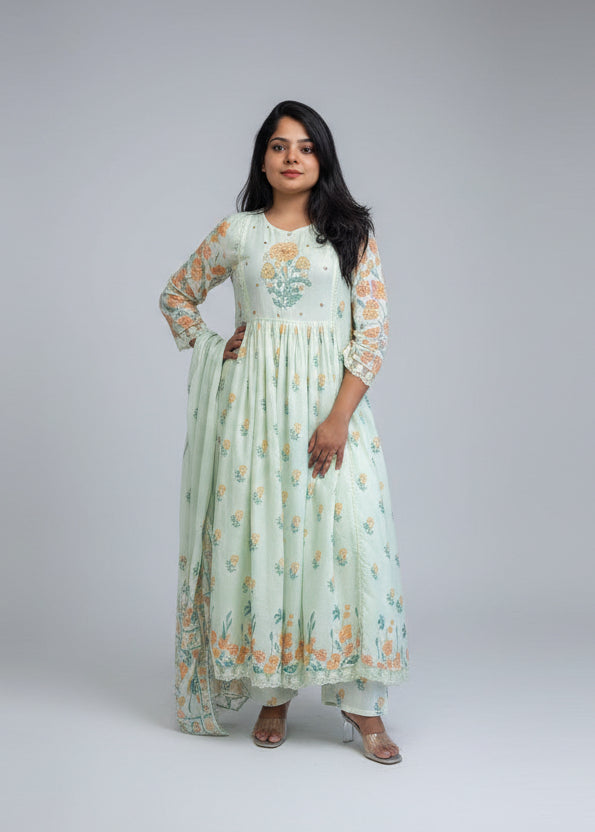Pista Green Mul Cotton Block Print Anarkali Kurtha 837