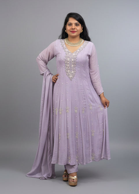Lawnder Anarkali chinnon handwork party ware Kurtha 567
