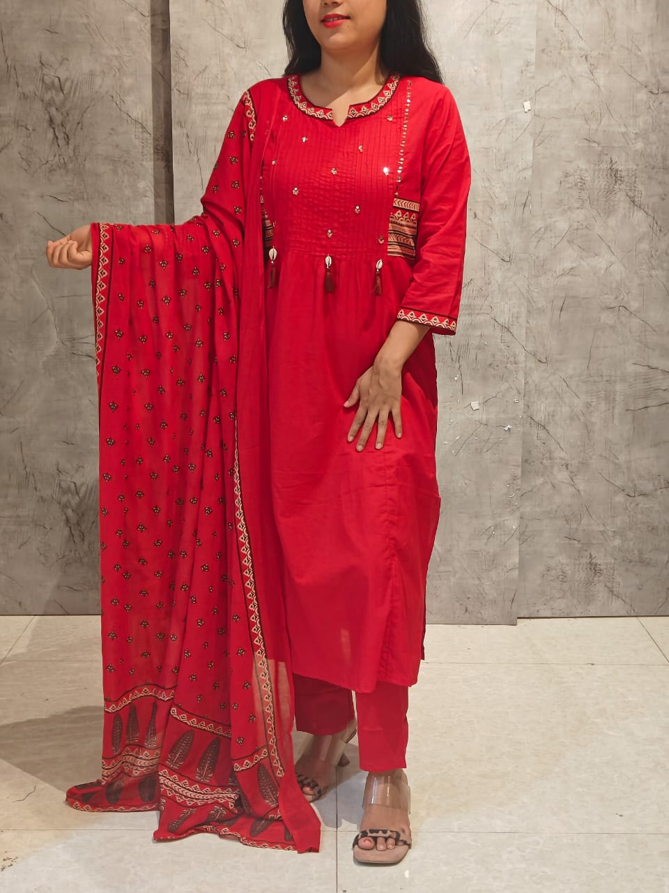 Pink Cotton Embroidery Straight Fit Kurtha 606