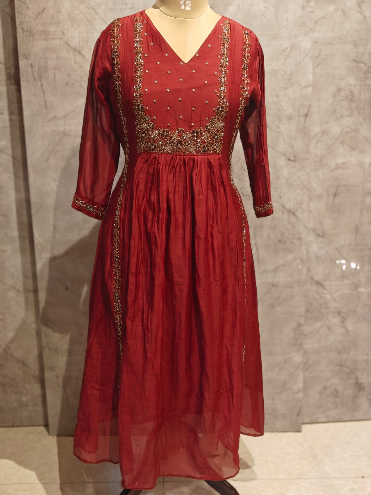 “Pani" Brown Mul Chanderi silk Kurtha suit with work hand embroidery 898