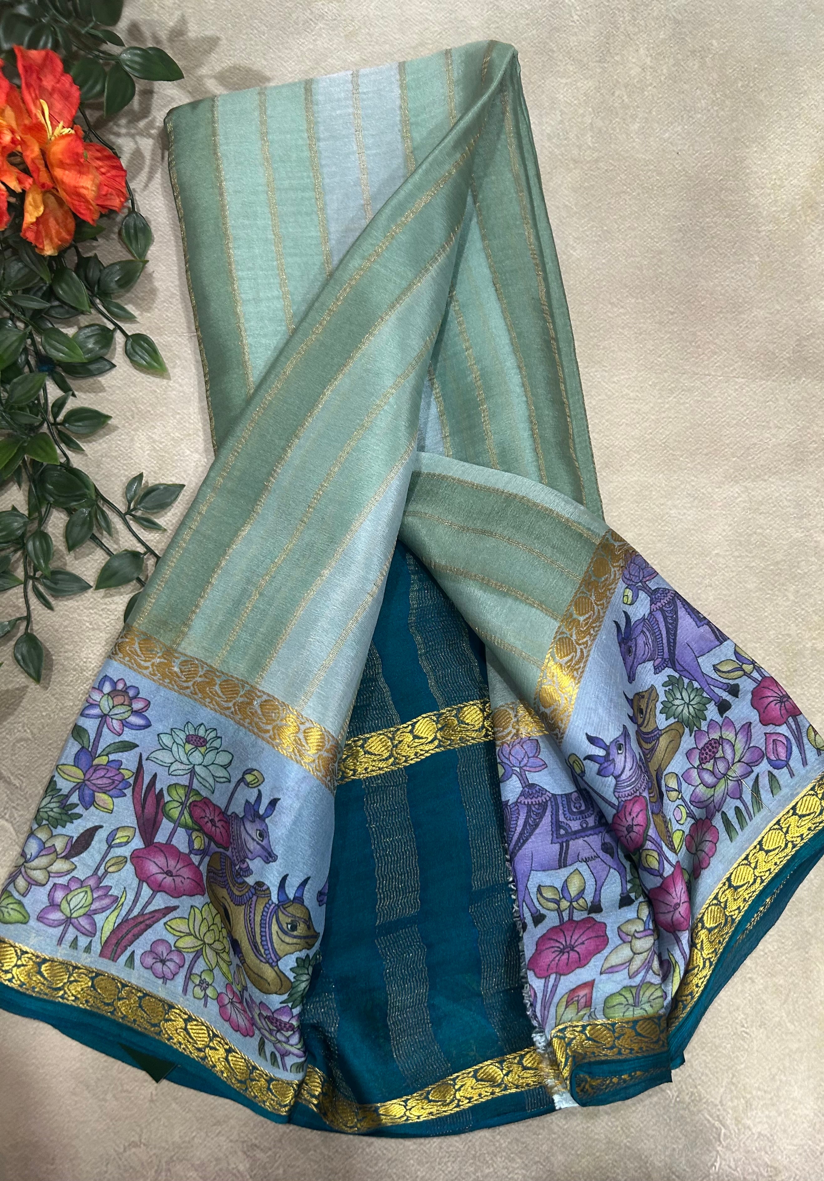 Rankart kalamkari border pure wrinkle 103 crepe silk saree
