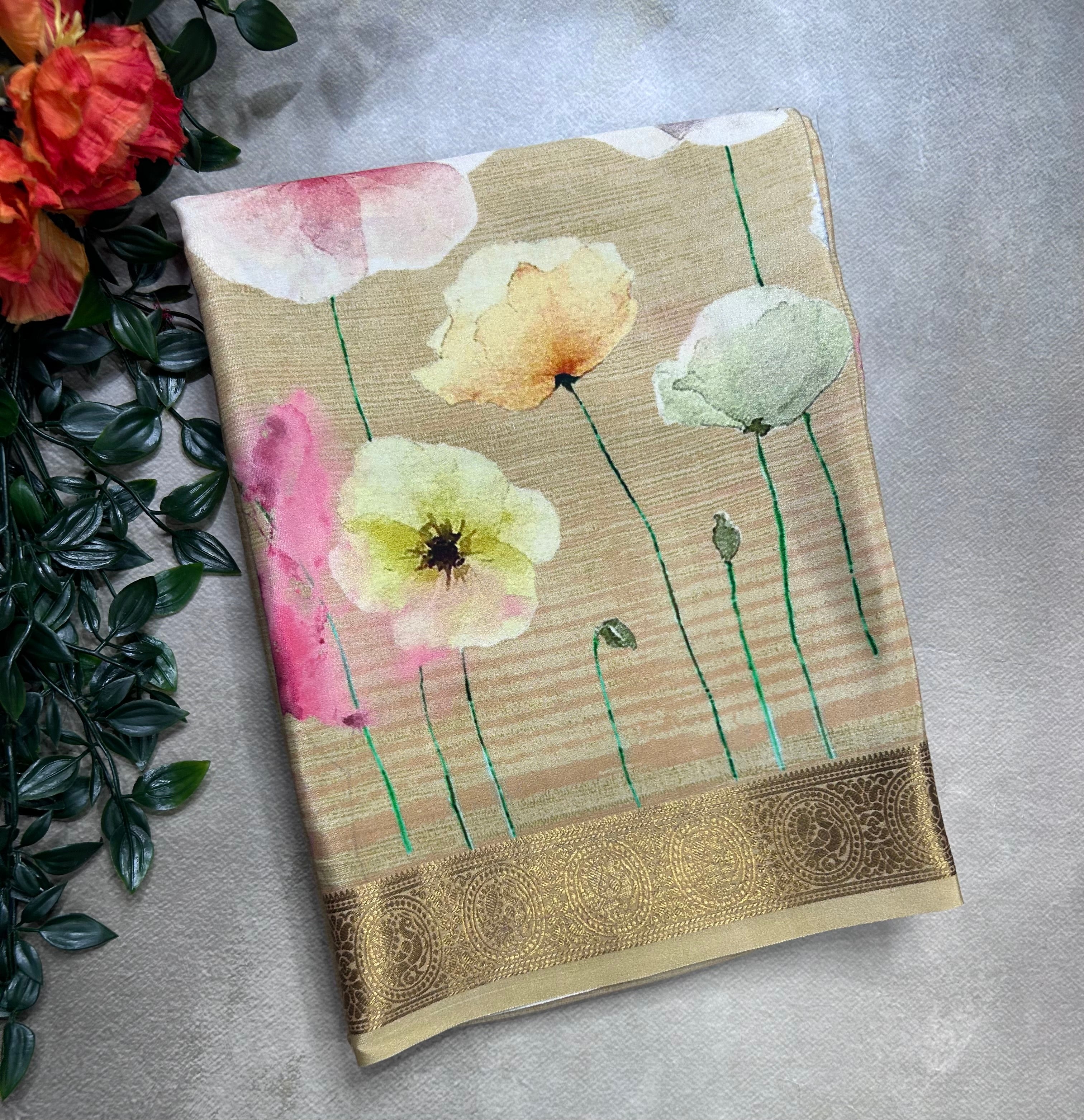 Beige digital print pure mysore silk saree(DMS106)