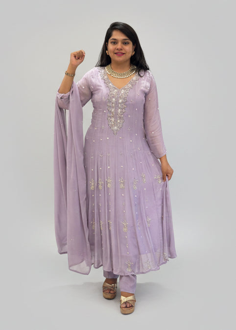 Lawnder Anarkali chinnon handwork party ware Kurtha 567