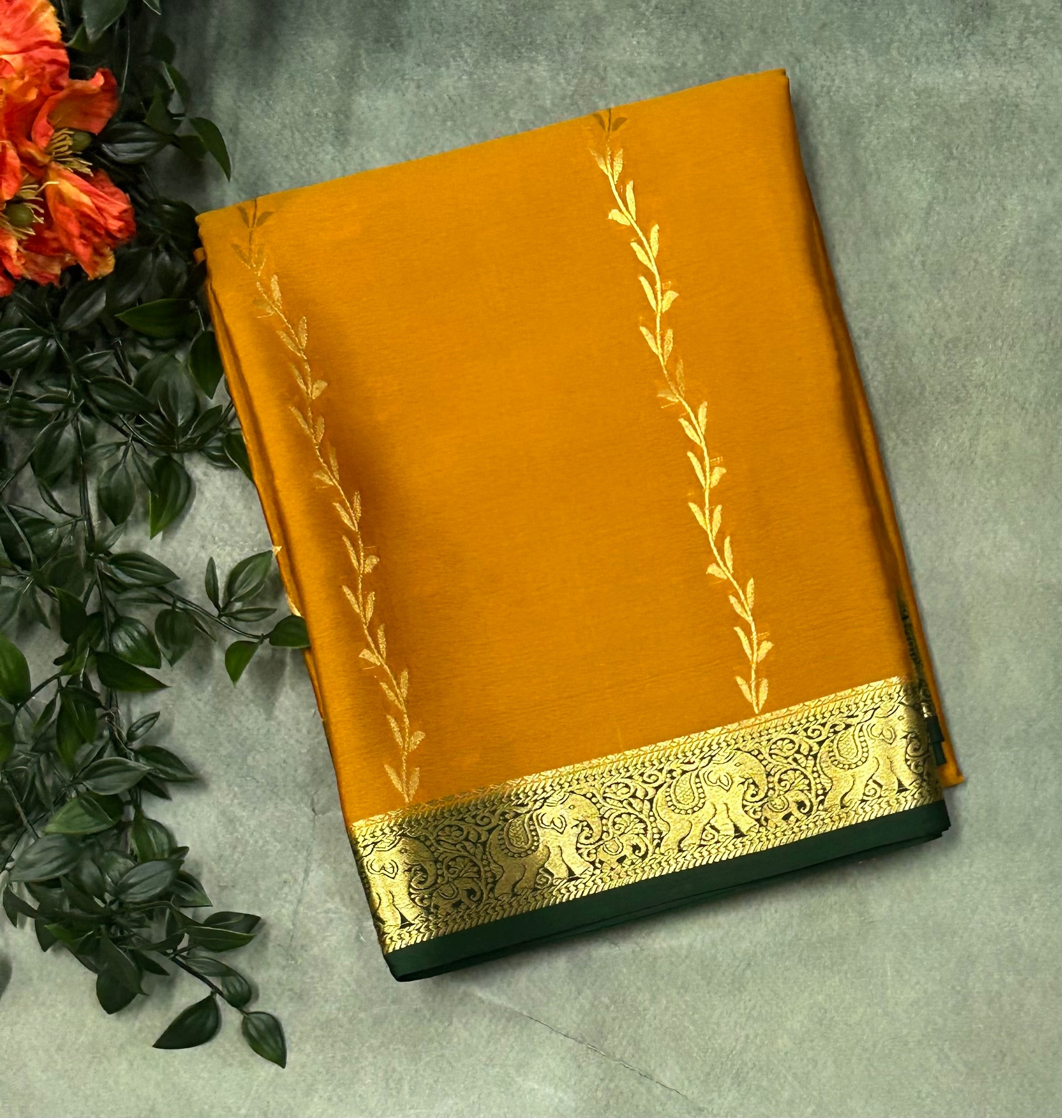 Orange n Rani pink partly pallu Pure Mysore silk crepe 103 Saree (Copy)