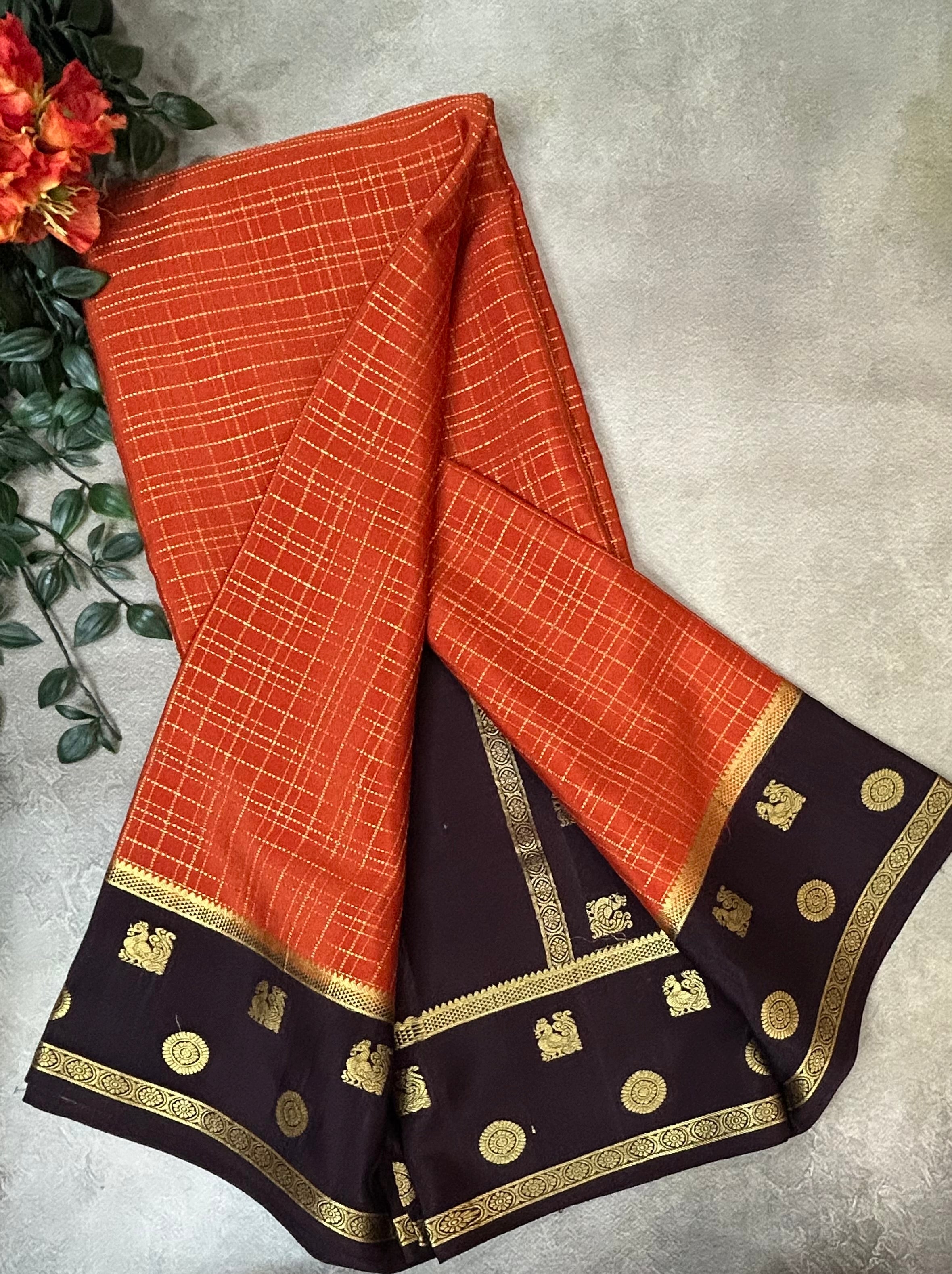 Rust orange checks n bentex pure Mysore silk 104 saree