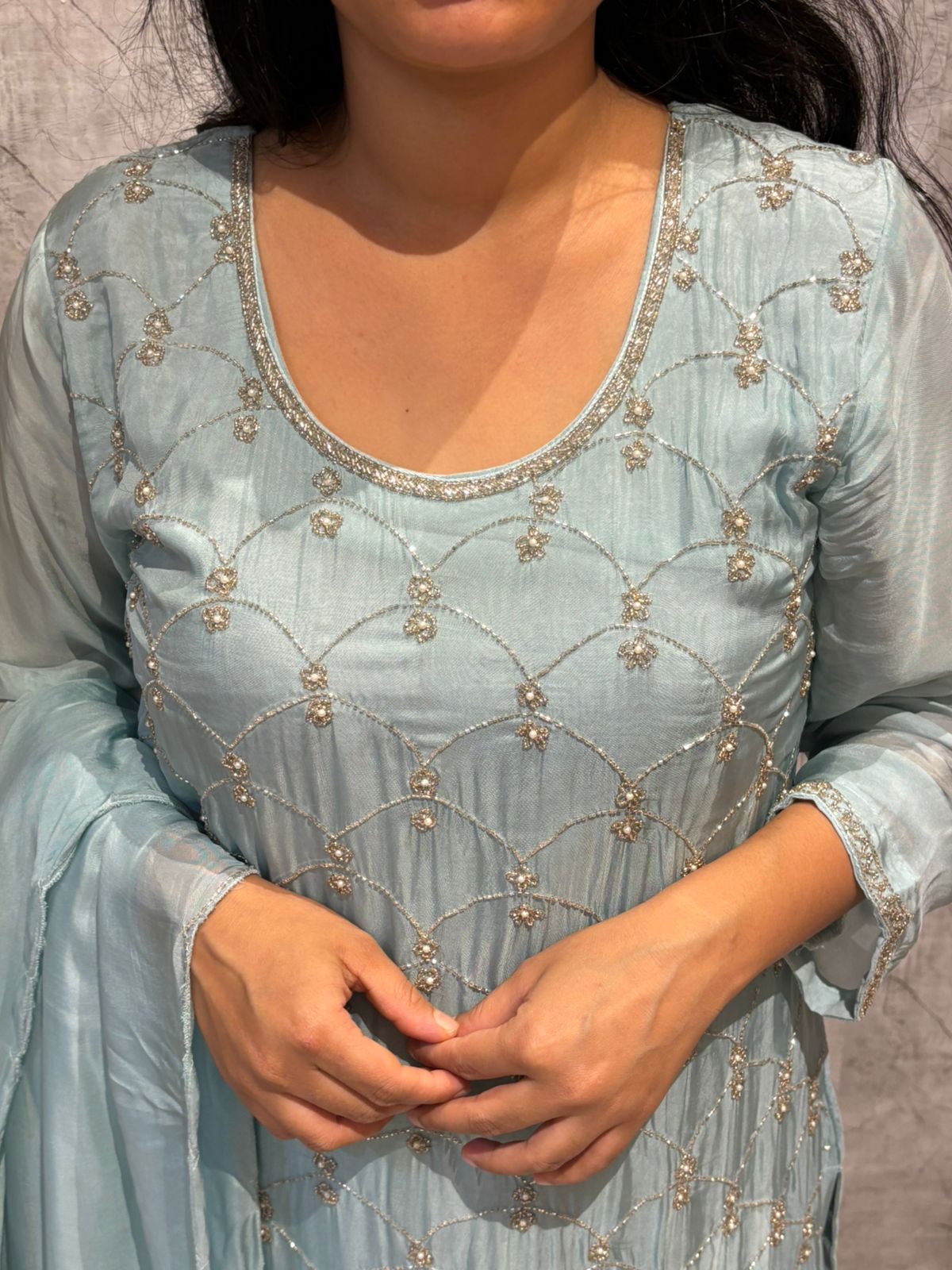 "Boomi" Sky blue Designer Handwork Sharara party Kurtha set