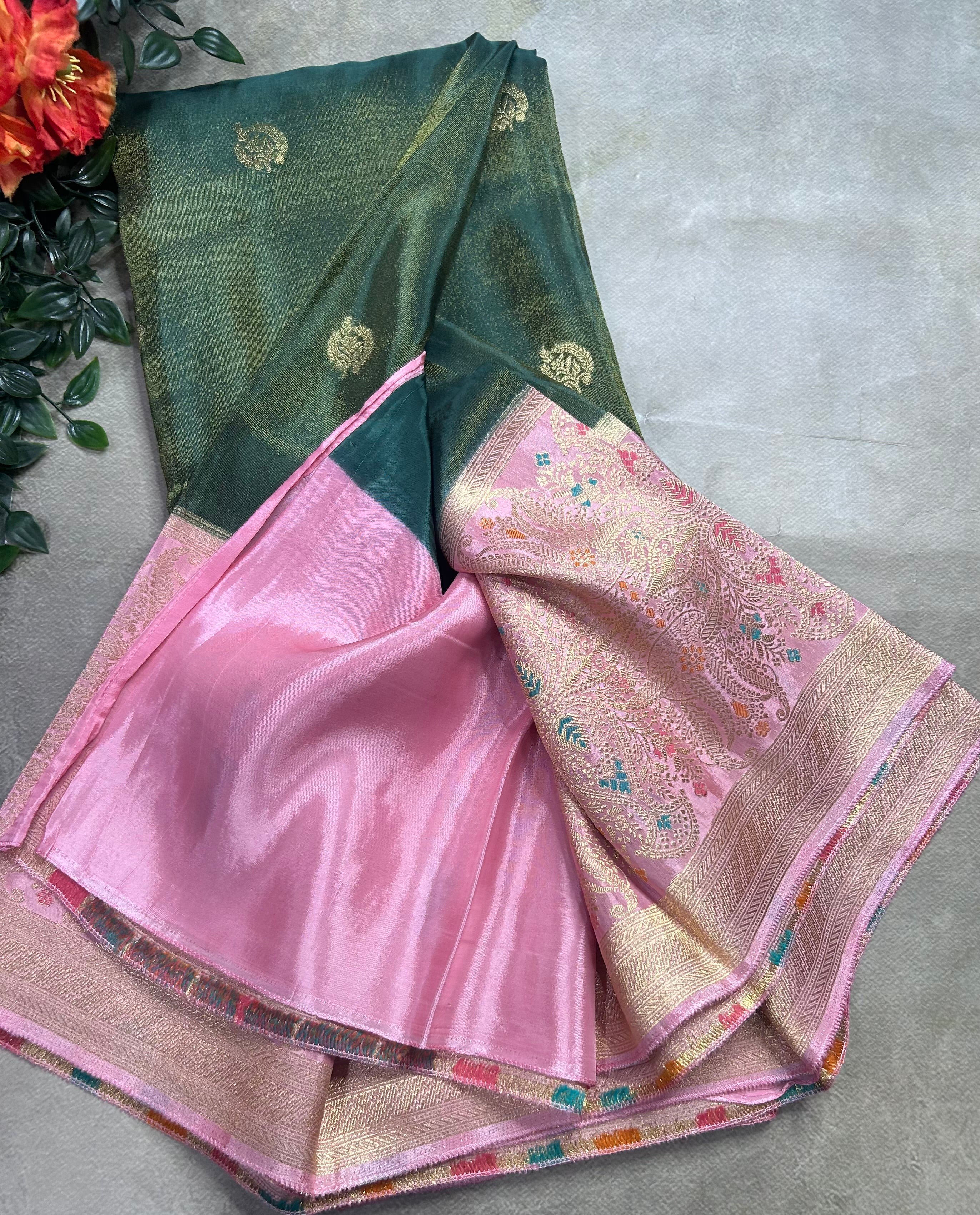 Green contrast long border soft semi tissue crepe 106 saree