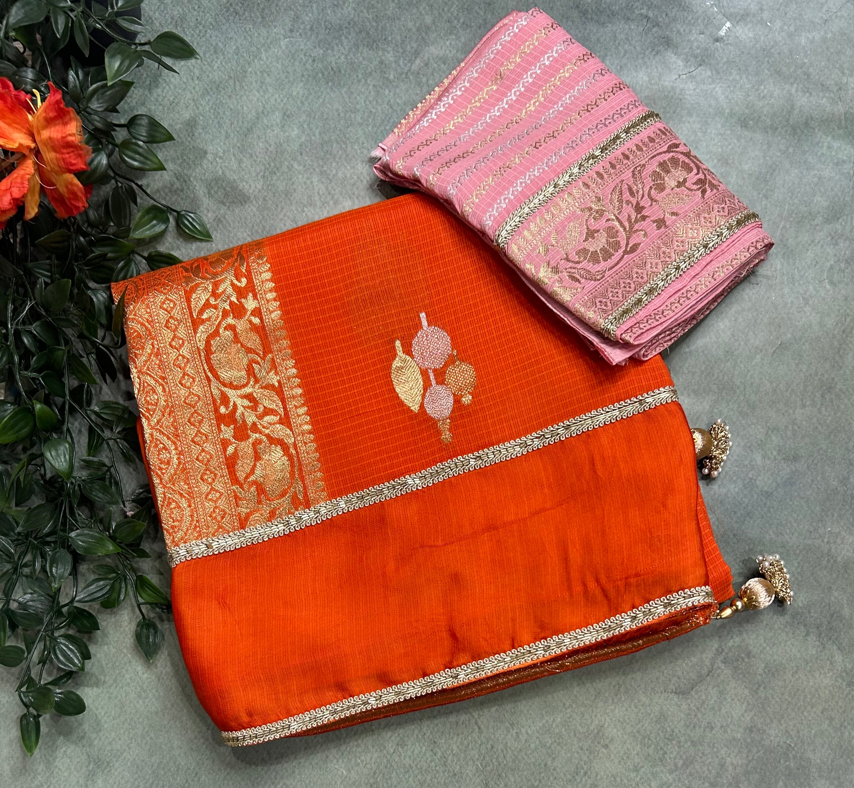 Orange bentex border  Kota crepe 105 saree