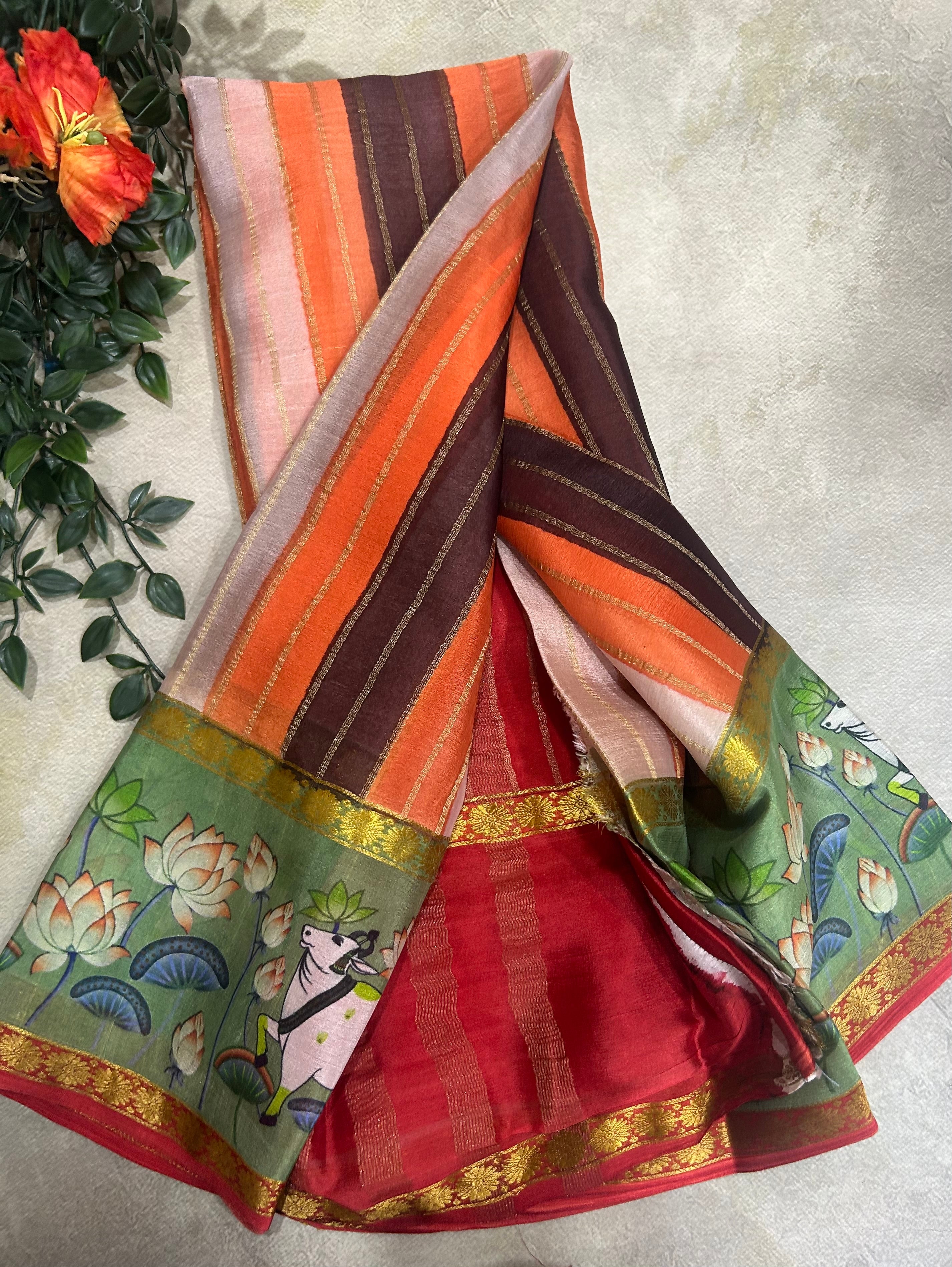 Rankart kalamkari border pure wrinkle 103 crepe silk saree