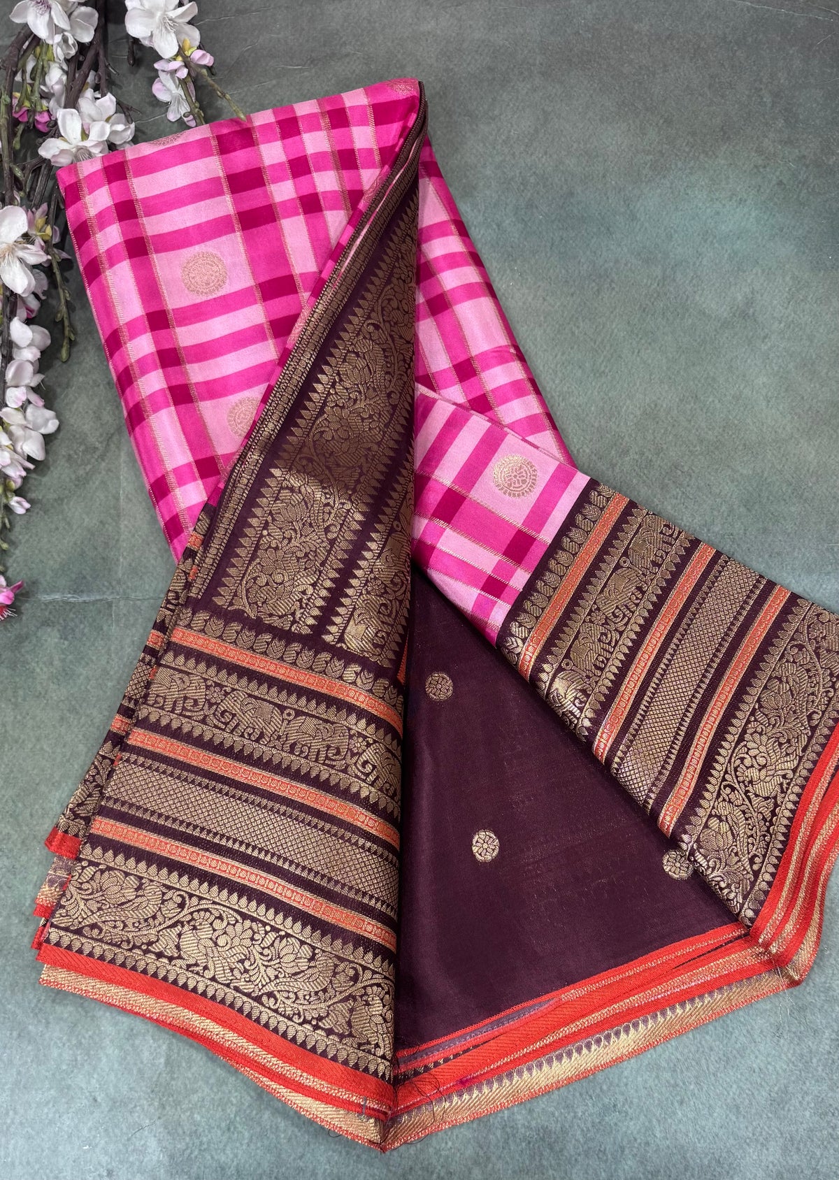Pink Checks Semi Crepe Saree 110