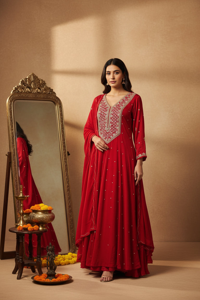 Red Anarkali Chinnon Hand Embroidery Kurtha 567