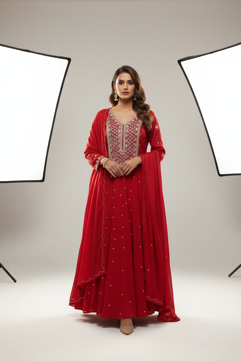 Red Anarkali Chinnon Hand Embroidery Kurtha 567