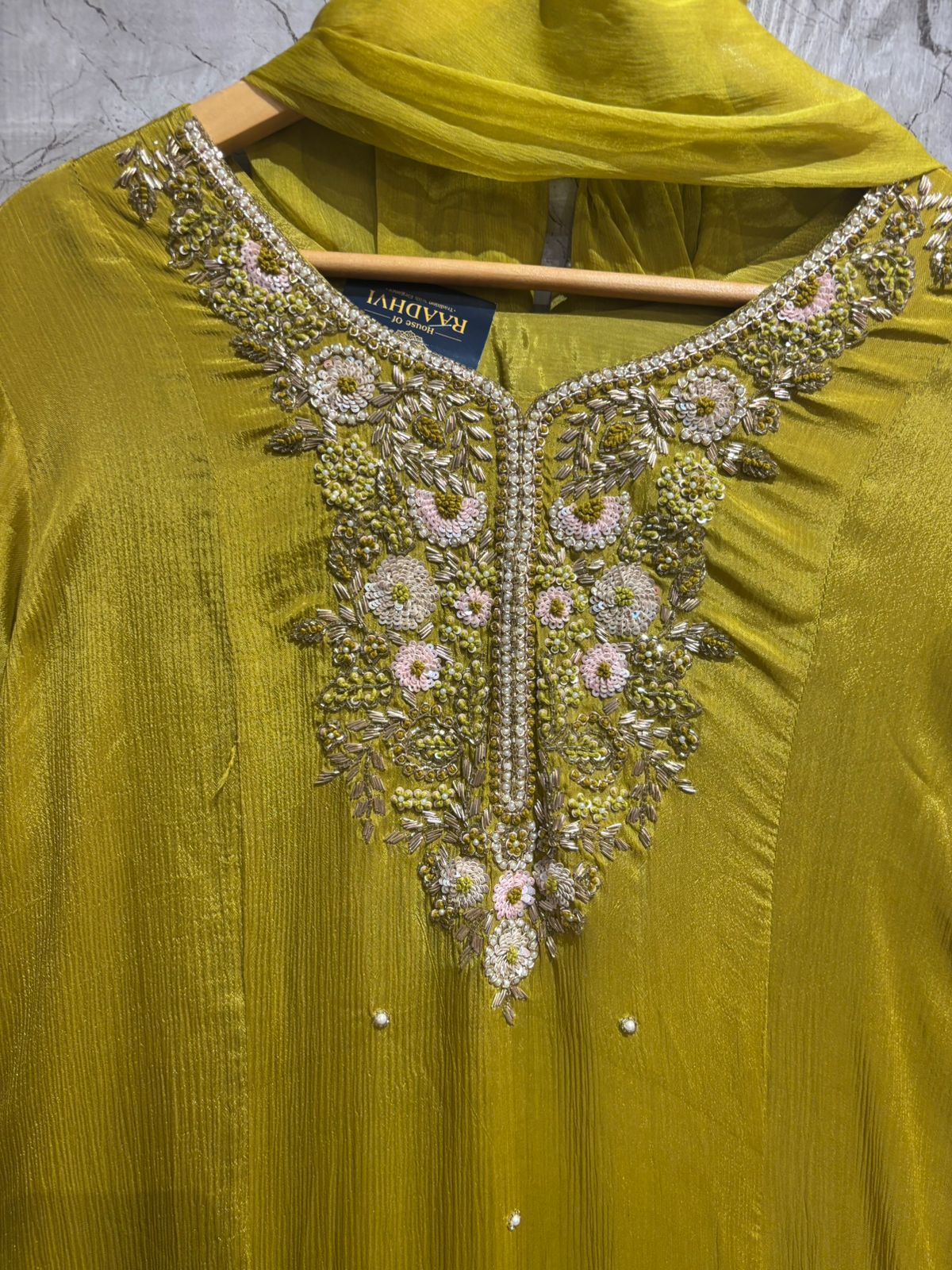 “Pari" Pista Green Anarkali Chinnon Handwork Partyware Kurtha