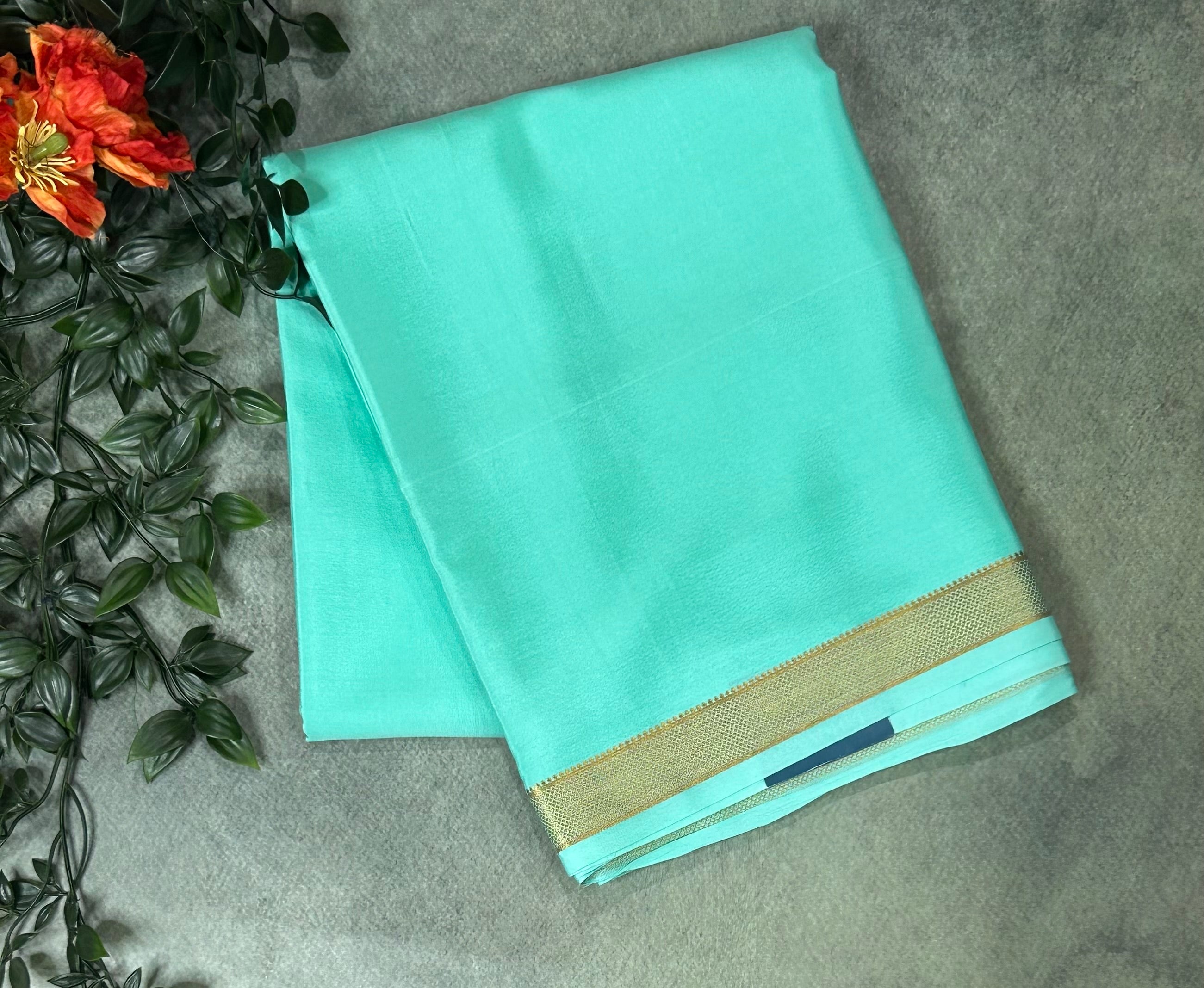 Aqua green plain one inch pure mysore silk-12 saree