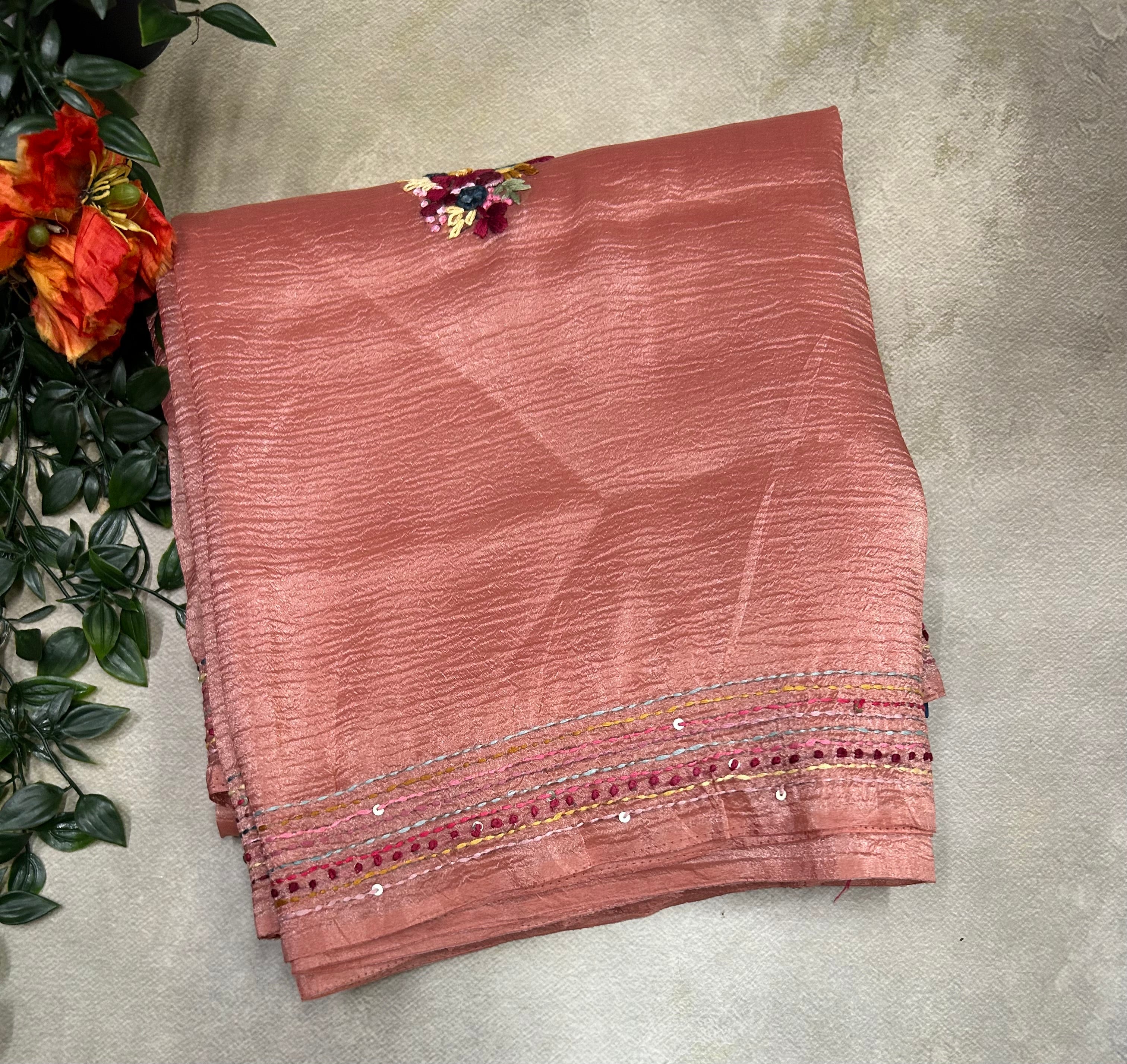 Pastel pink embroidery work crushTissue saree