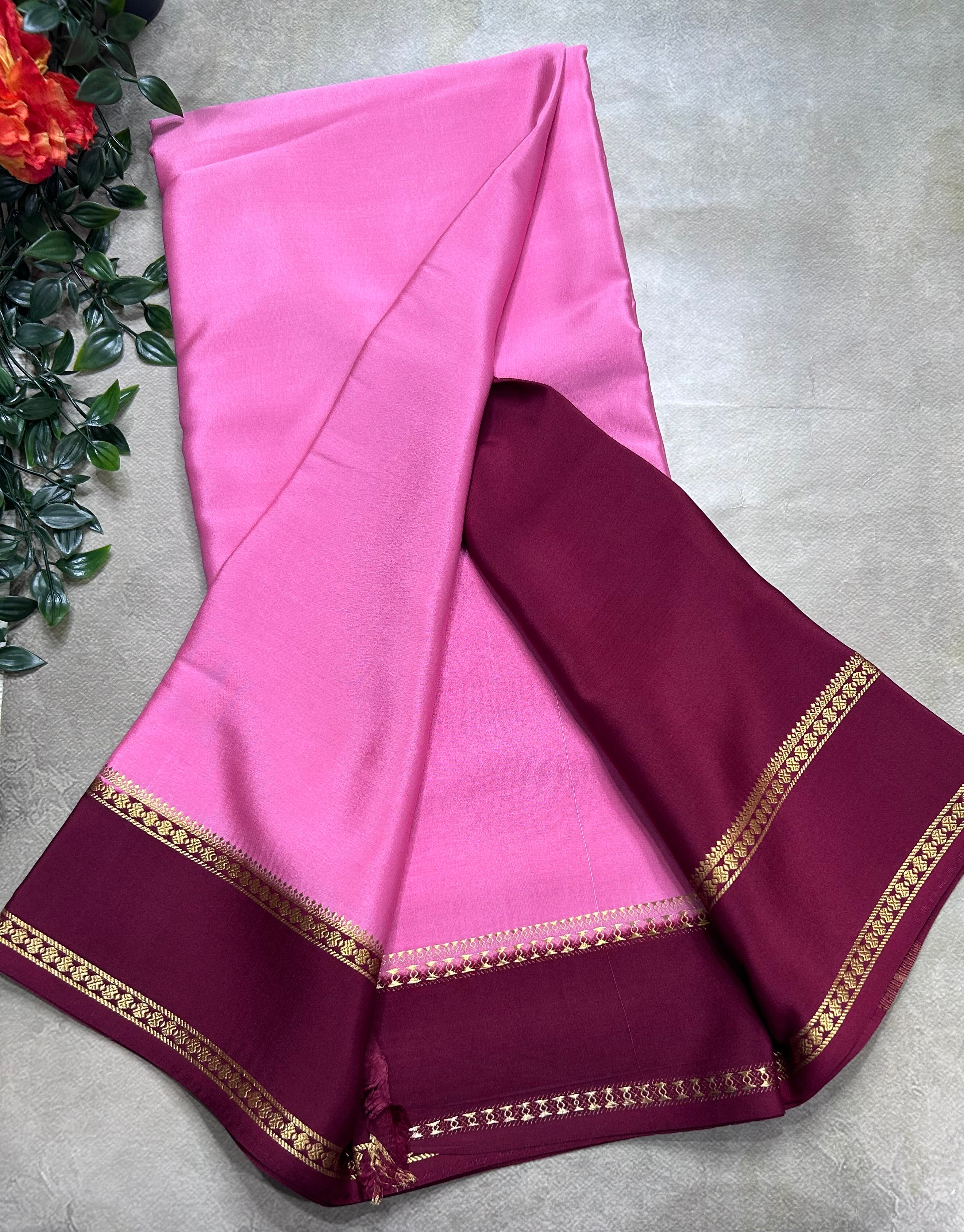 Pastel pink n maroon plain bentex border pure mysore silk saree(BMS105)