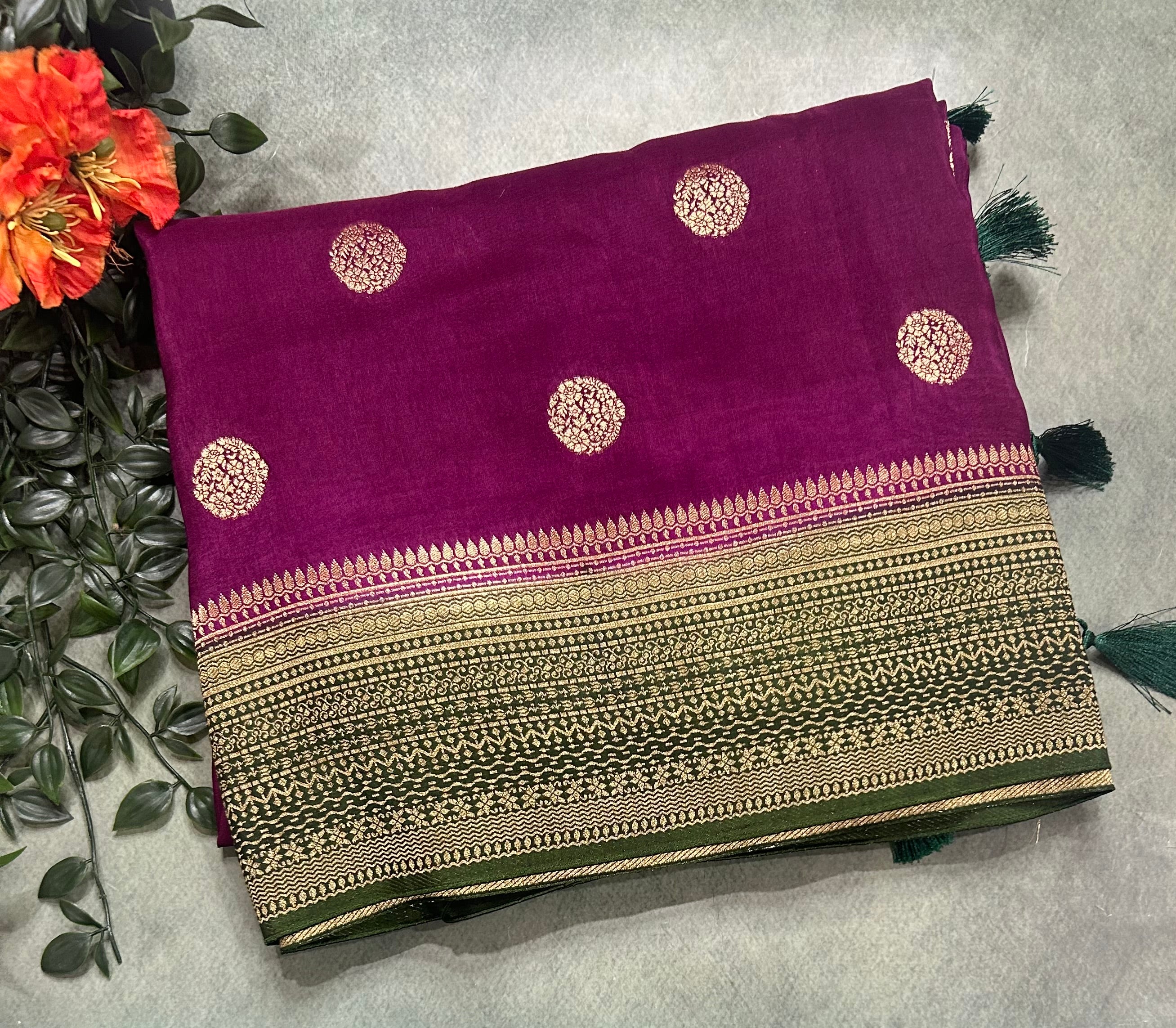 Wine n green vintage Butta dola crepe 104 saree