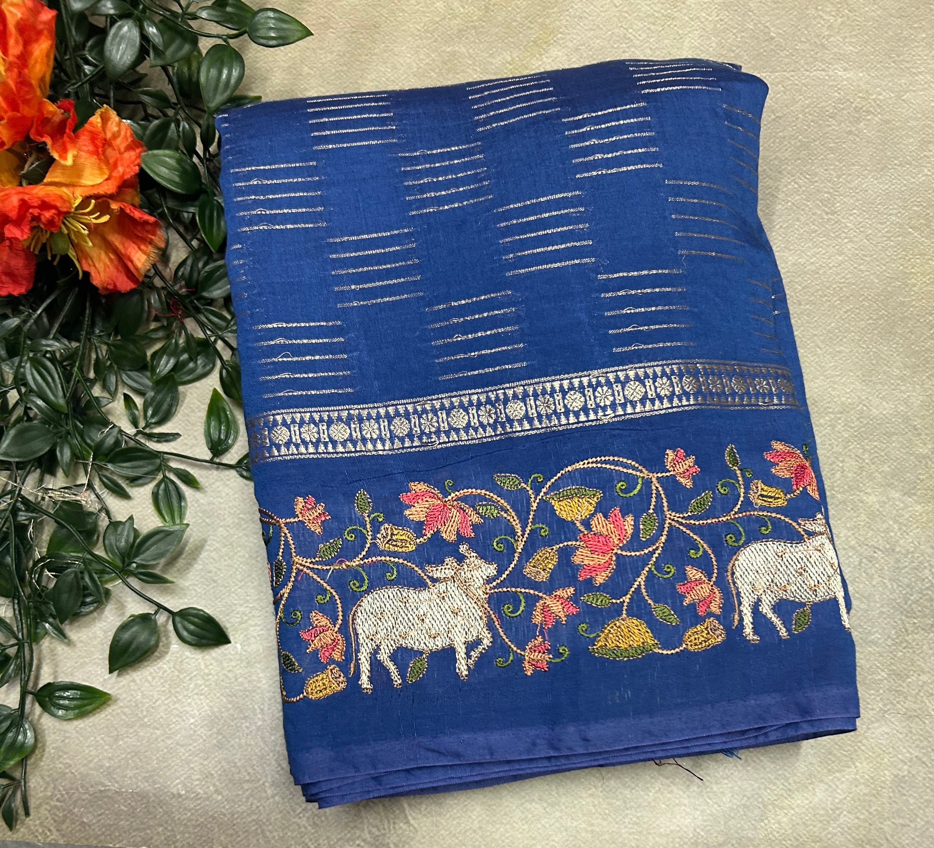 Navy Blue Pichwai embroidery Work soft Tussar crêpe Saree