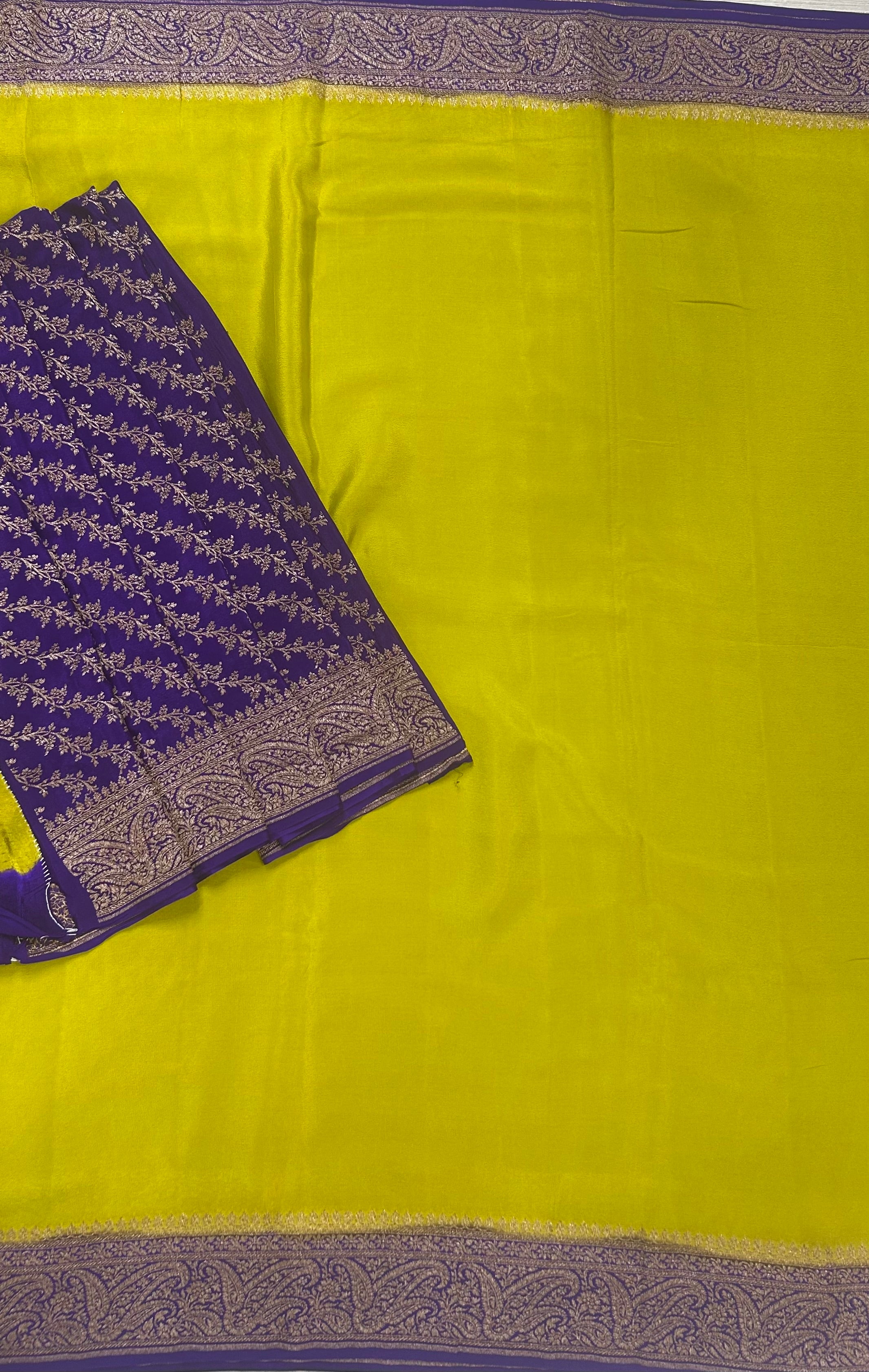 Neon green n purple pure Benarasi crepe 105 saree