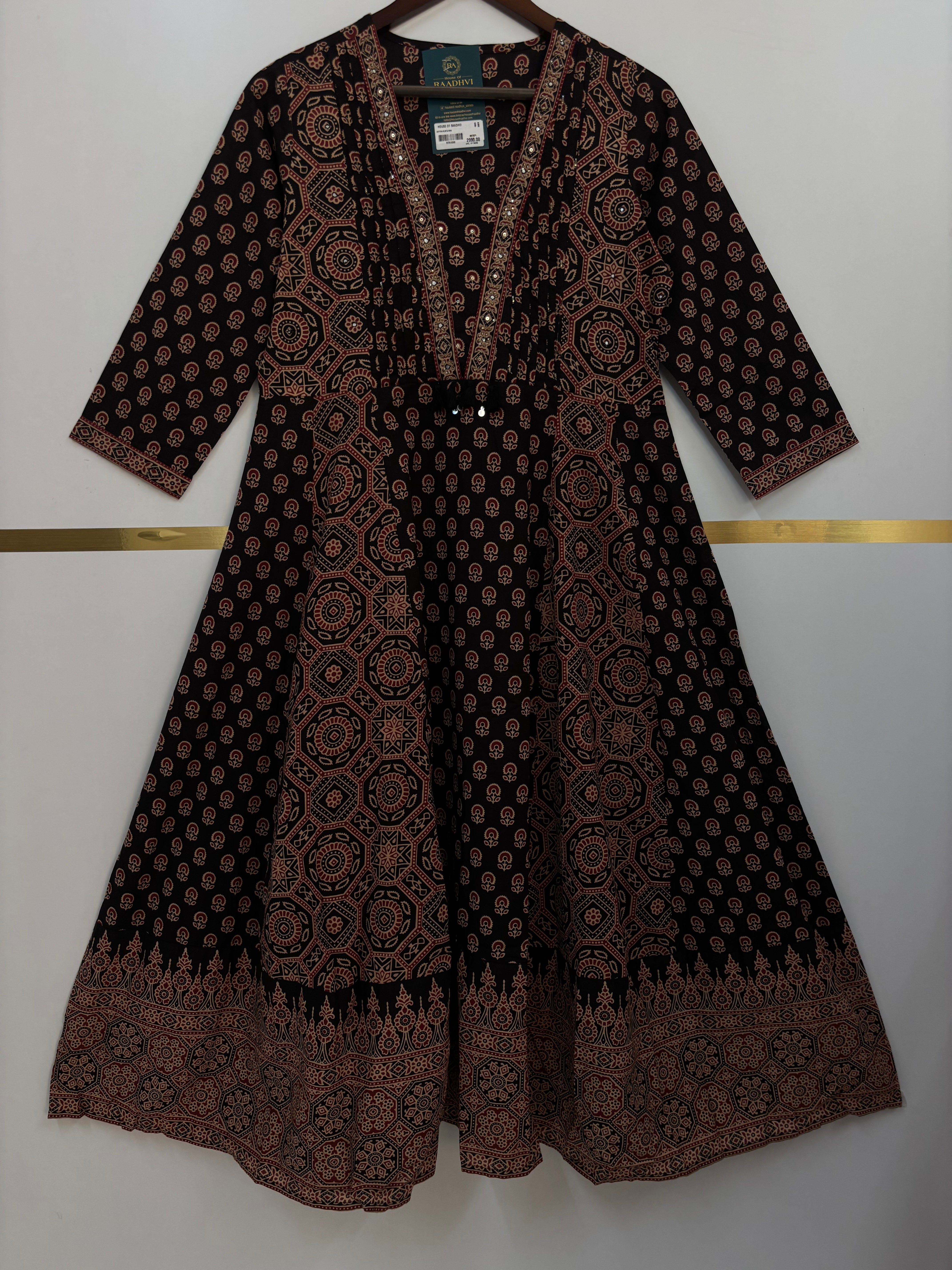 Black Cotton Anarkali Block Print Kurtha 252