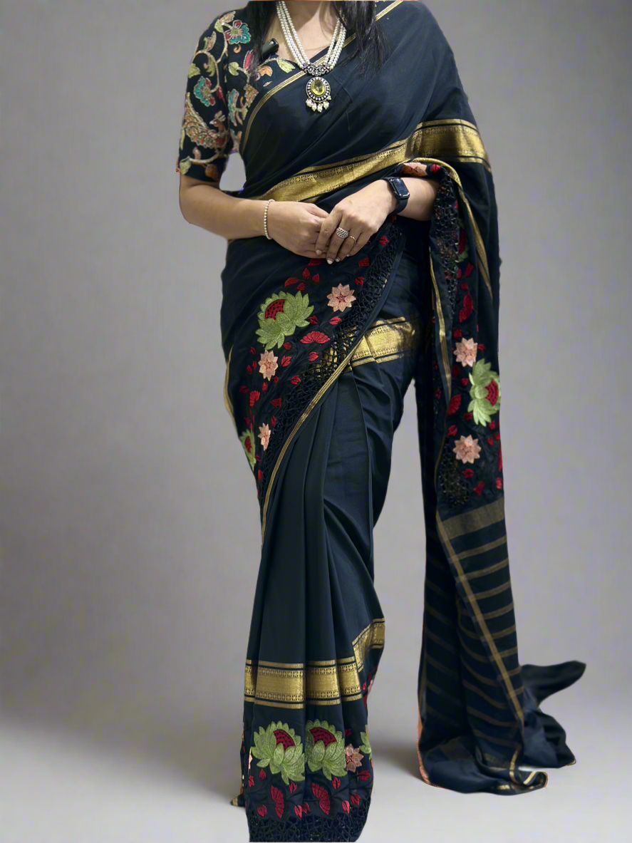 Black cut work semi mysore silk saree(RR)