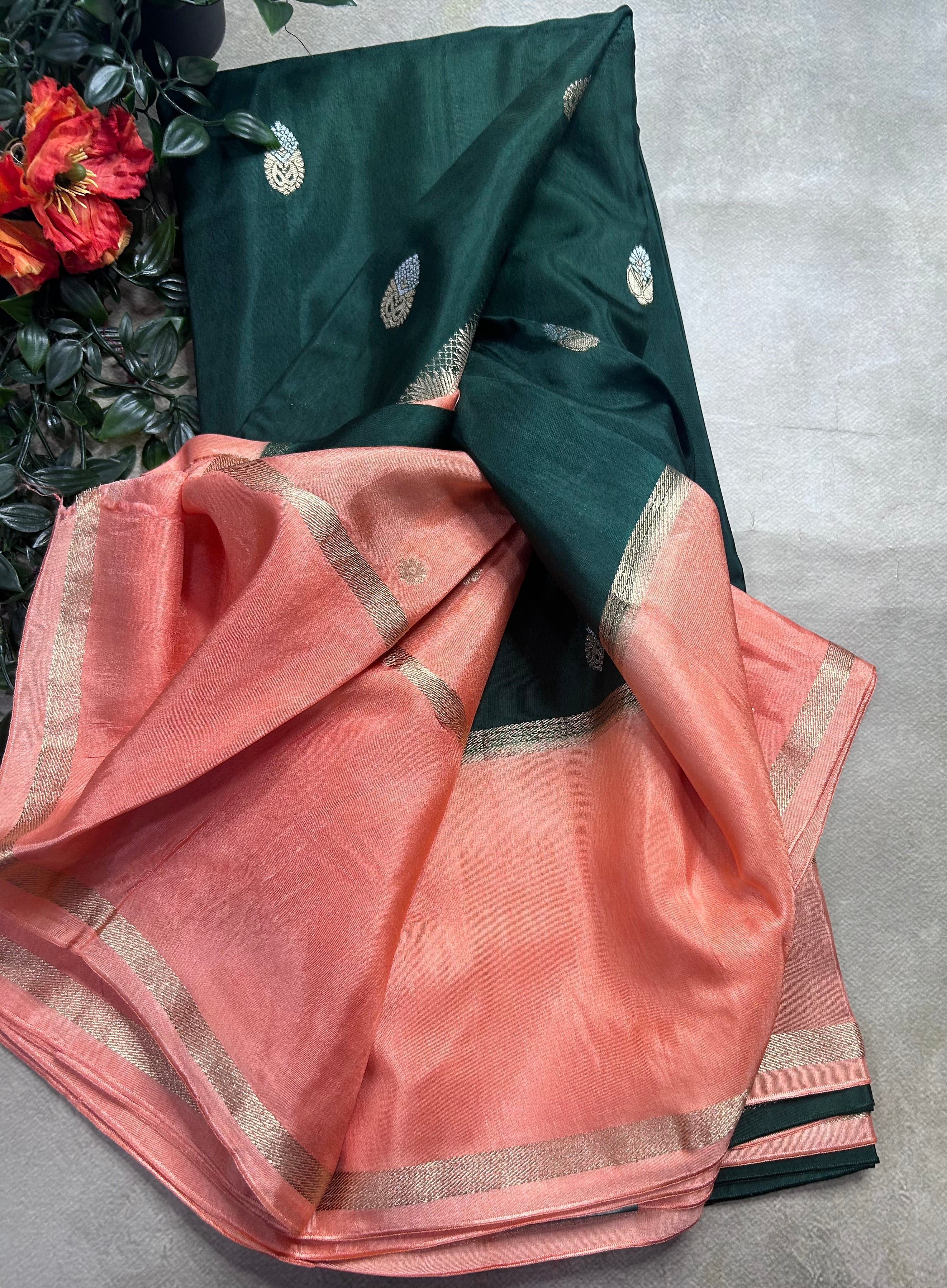 Bottle green bentex border semi Mysore crepe 106 saree
